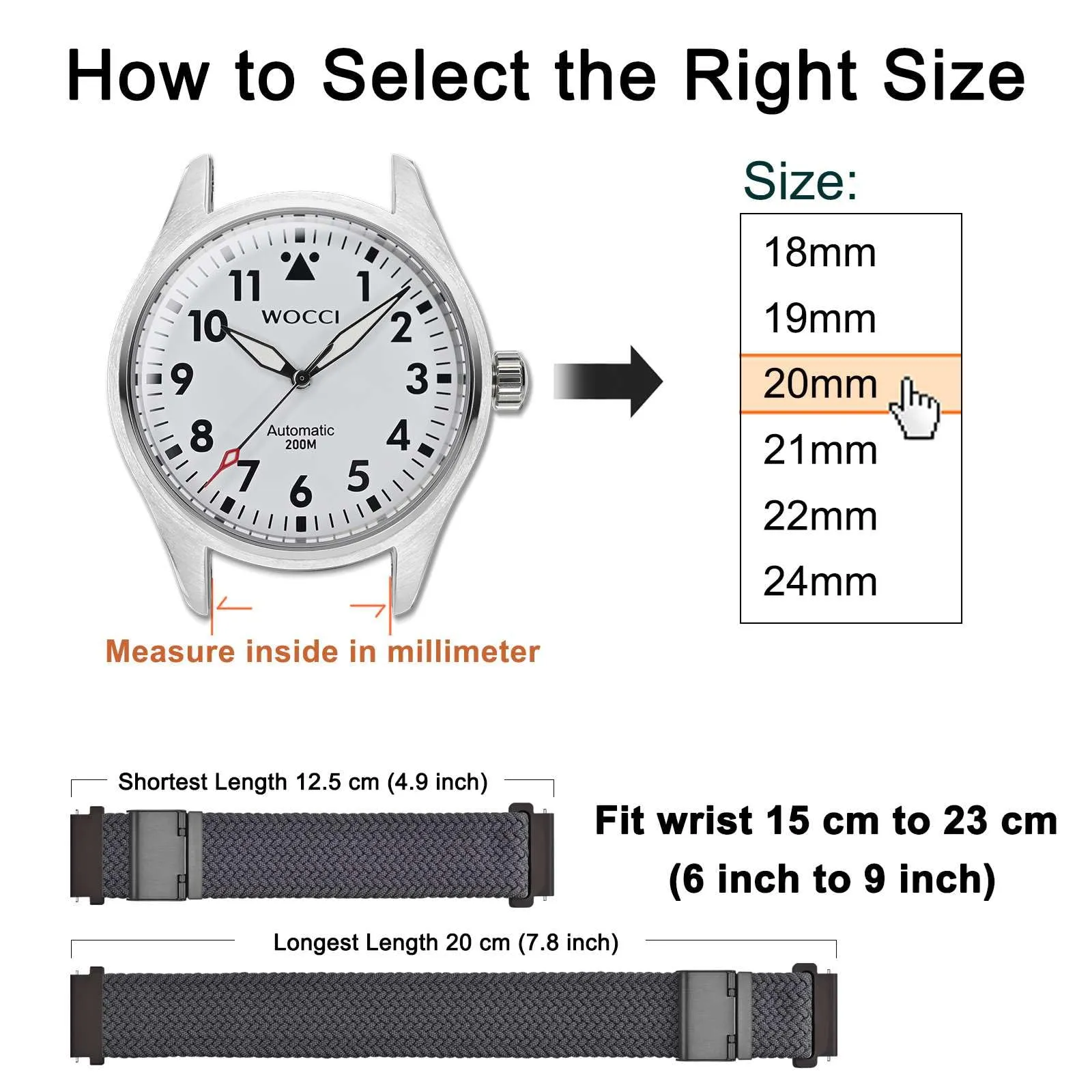 WOCCI 18mm Intrecciato Nylon Cinturino per Orologio da Uomo e da Donna, Regolabile Fibbia Nera (Grigio) - immagine 4