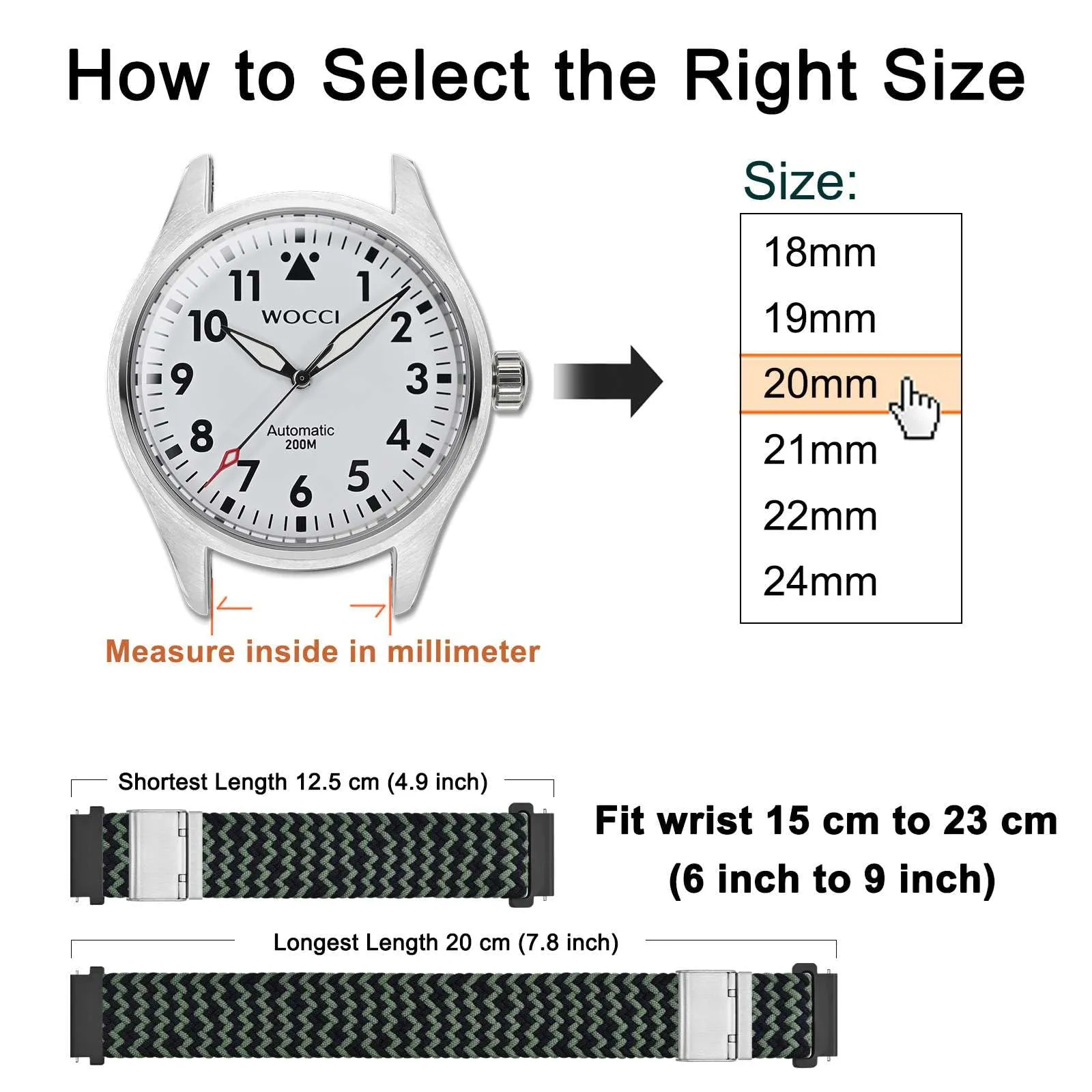WOCCI 21mm Intrecciato Nylon Cinturino per Orologio da Uomo e da Donna, Regolabile Fibbia Argento (Verde Nero) - immagine 4