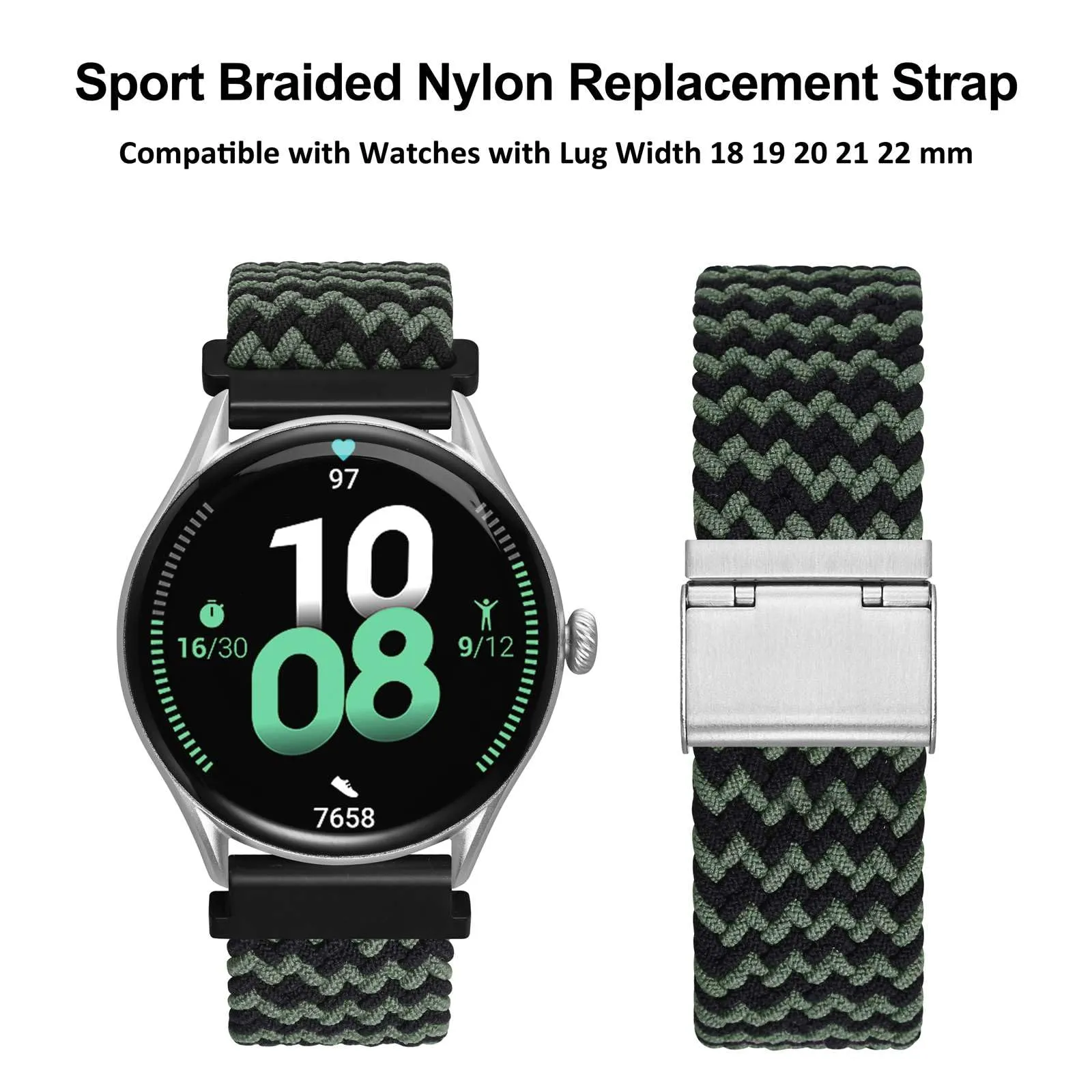 WOCCI 21mm Intrecciato Nylon Cinturino per Orologio da Uomo e da Donna, Regolabile Fibbia Argento (Verde Nero) - immagine 9