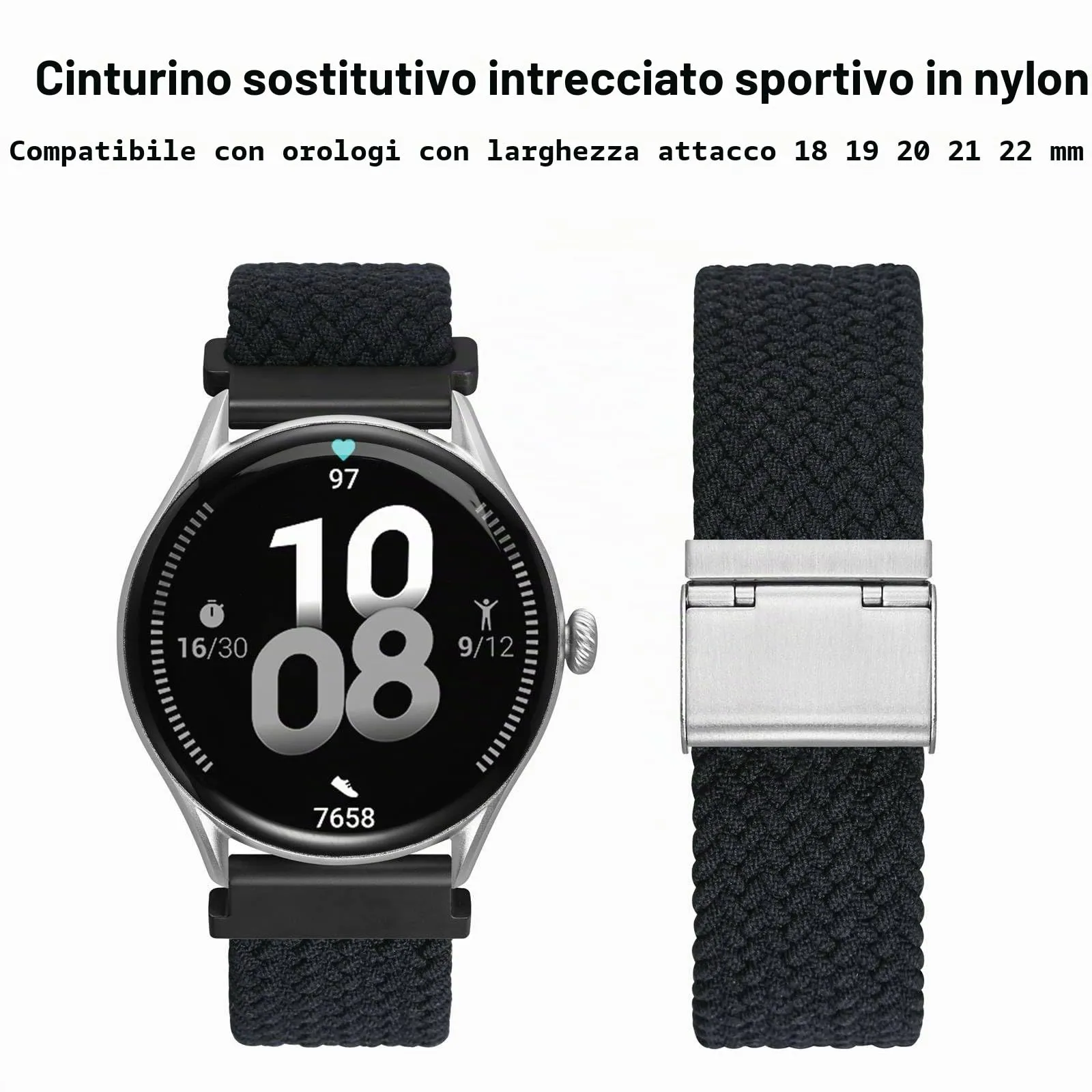 WOCCI 22mm Intrecciato Nylon Cinturino per Orologio da Uomo e da Donna, Regolabile Fibbia Argento (Nero) - immagine 9