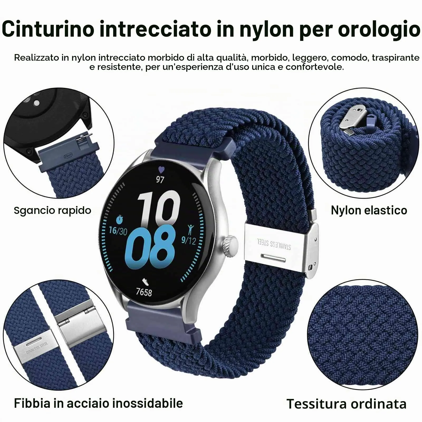 WOCCI 22mm Intrecciato Nylon Cinturino per Orologio da Uomo e da Donna, Regolabile Fibbia Argento (Blu) - immagine 3