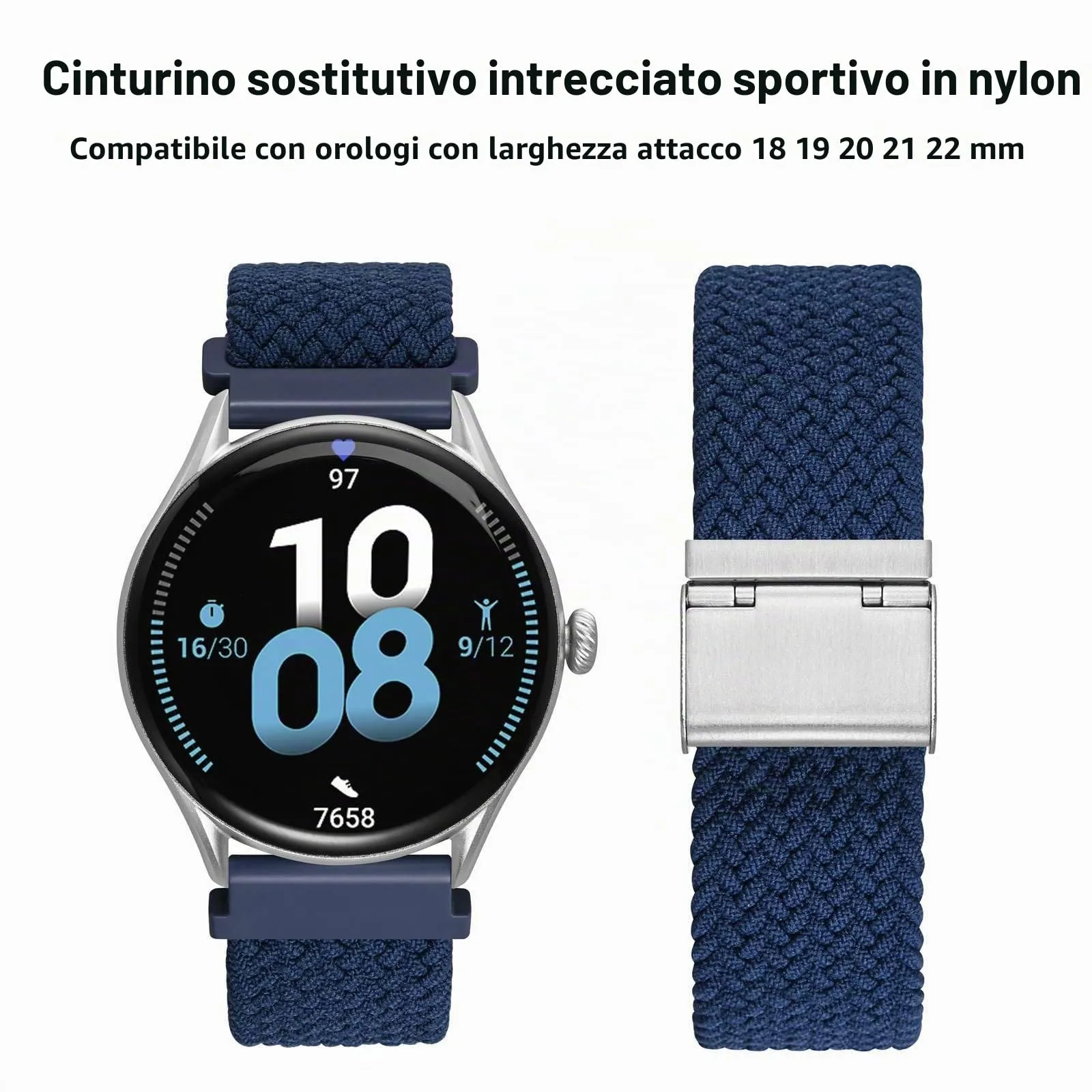 WOCCI 22mm Intrecciato Nylon Cinturino per Orologio da Uomo e da Donna, Regolabile Fibbia Argento (Blu) - immagine 9