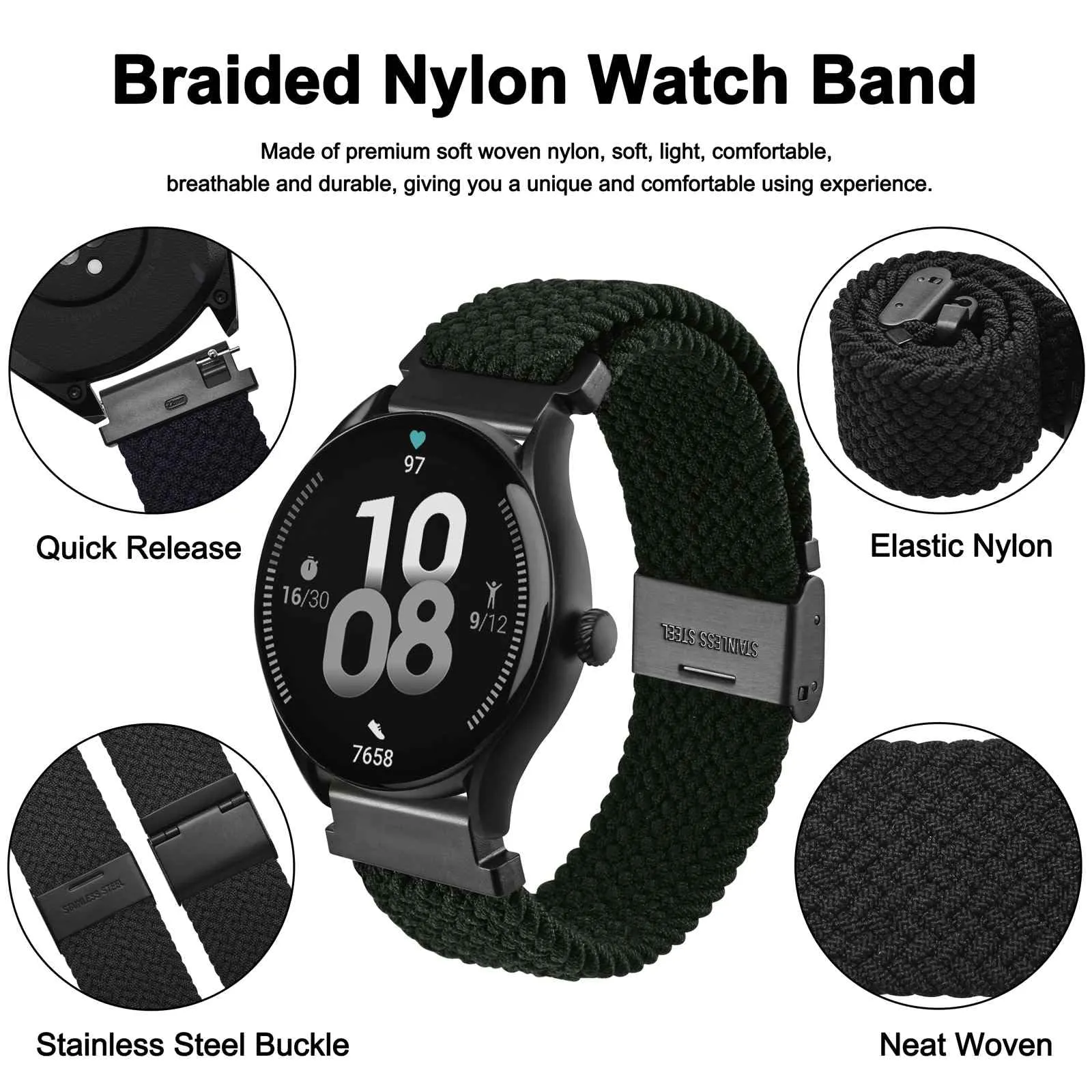 WOCCI 19mm Intrecciato Nylon Cinturino per Orologio da Uomo e da Donna, Regolabile Fibbia Nera (Nero) - immagine 3