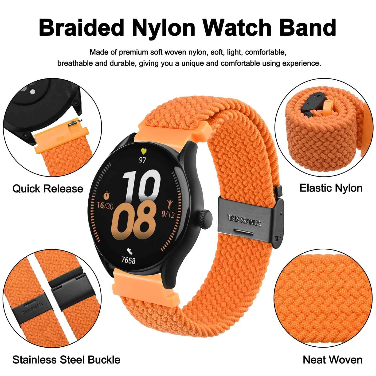 WOCCI 19mm Intrecciato Nylon Cinturino per Orologio da Uomo e da Donna, Regolabile Fibbia Nera (Arancia) - immagine 3