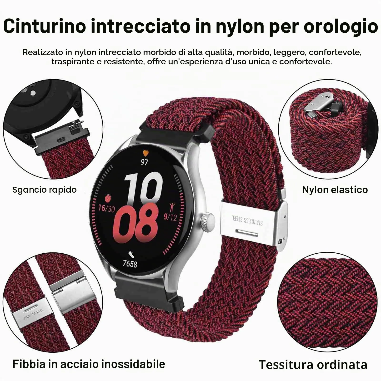 WOCCI 22mm Intrecciato Nylon Cinturino per Orologio da Uomo e da Donna, Regolabile Fibbia Argento (Rosso Nero) - immagine 3
