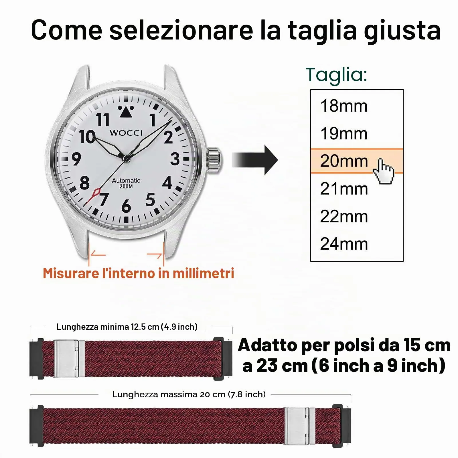 WOCCI 22mm Intrecciato Nylon Cinturino per Orologio da Uomo e da Donna, Regolabile Fibbia Argento (Rosso Nero) - immagine 4