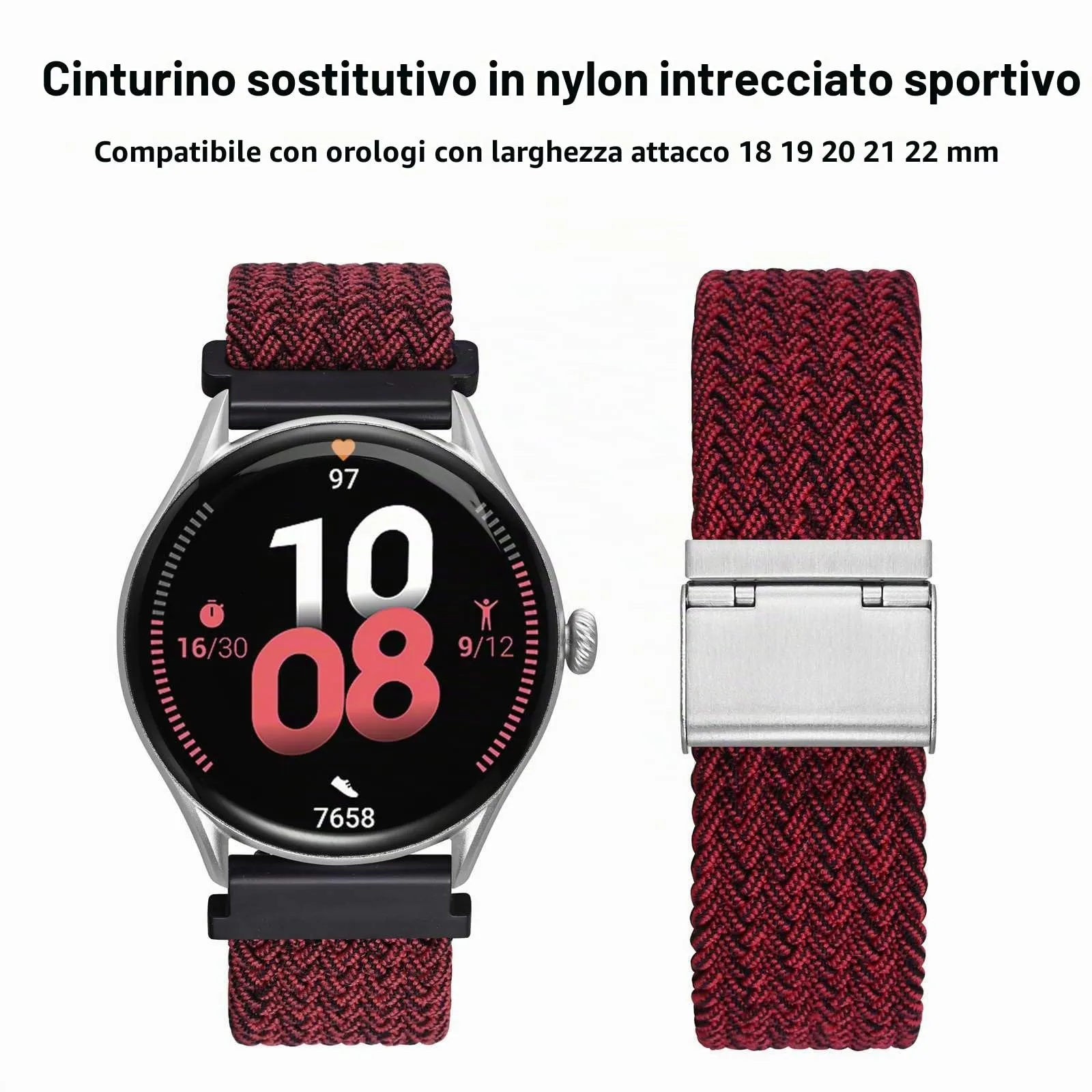 WOCCI 22mm Intrecciato Nylon Cinturino per Orologio da Uomo e da Donna, Regolabile Fibbia Argento (Rosso Nero) - immagine 9