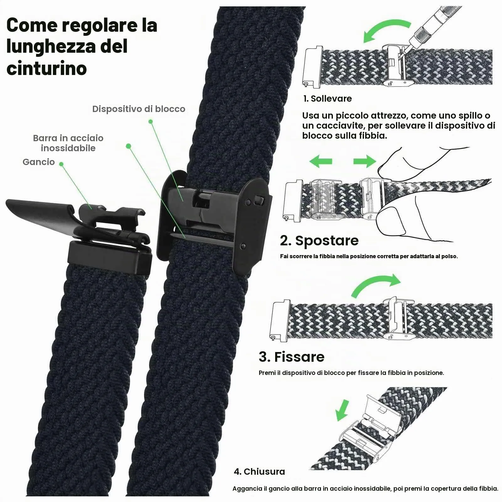 WOCCI 20mm Intrecciato Nylon Cinturino per Orologio da Uomo e da Donna, Regolabile Fibbia Nera (Nero) - immagine 5