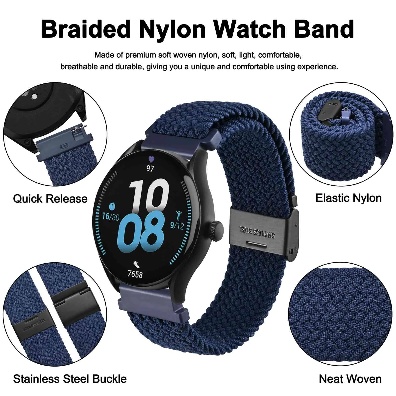 WOCCI 19mm Intrecciato Nylon Cinturino per Orologio da Uomo e da Donna, Regolabile Fibbia Nera (Blu) - immagine 3