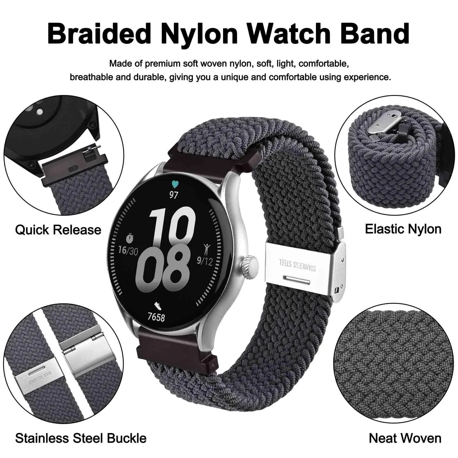 WOCCI 21mm Intrecciato Nylon Cinturino per Orologio da Uomo e da Donna, Regolabile Fibbia Argento (Grigio) - immagine 3