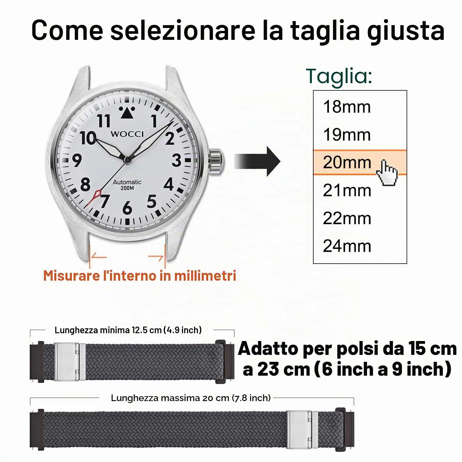 WOCCI 22mm Intrecciato Nylon Cinturino per Orologio da Uomo e da Donna, Regolabile Fibbia Argento (Grigio) - immagine 4