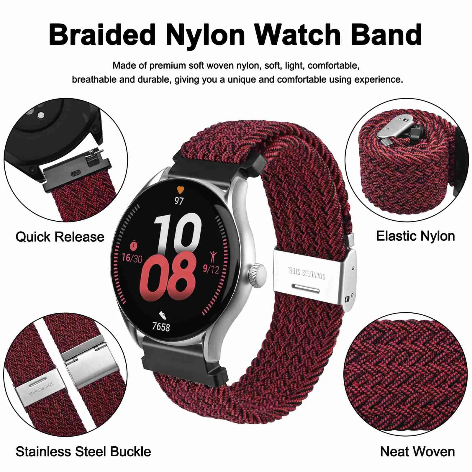 WOCCI 19mm Intrecciato Nylon Cinturino per Orologio da Uomo e da Donna, Regolabile Fibbia Argento (Rosso Nero) - immagine 3