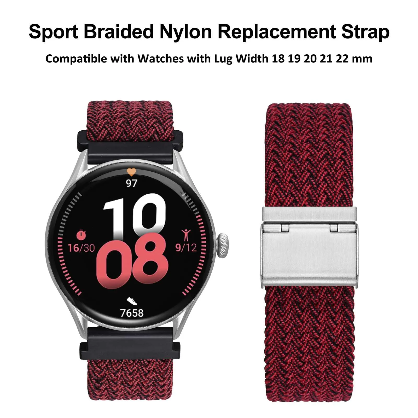 WOCCI 19mm Intrecciato Nylon Cinturino per Orologio da Uomo e da Donna, Regolabile Fibbia Argento (Rosso Nero) - immagine 9