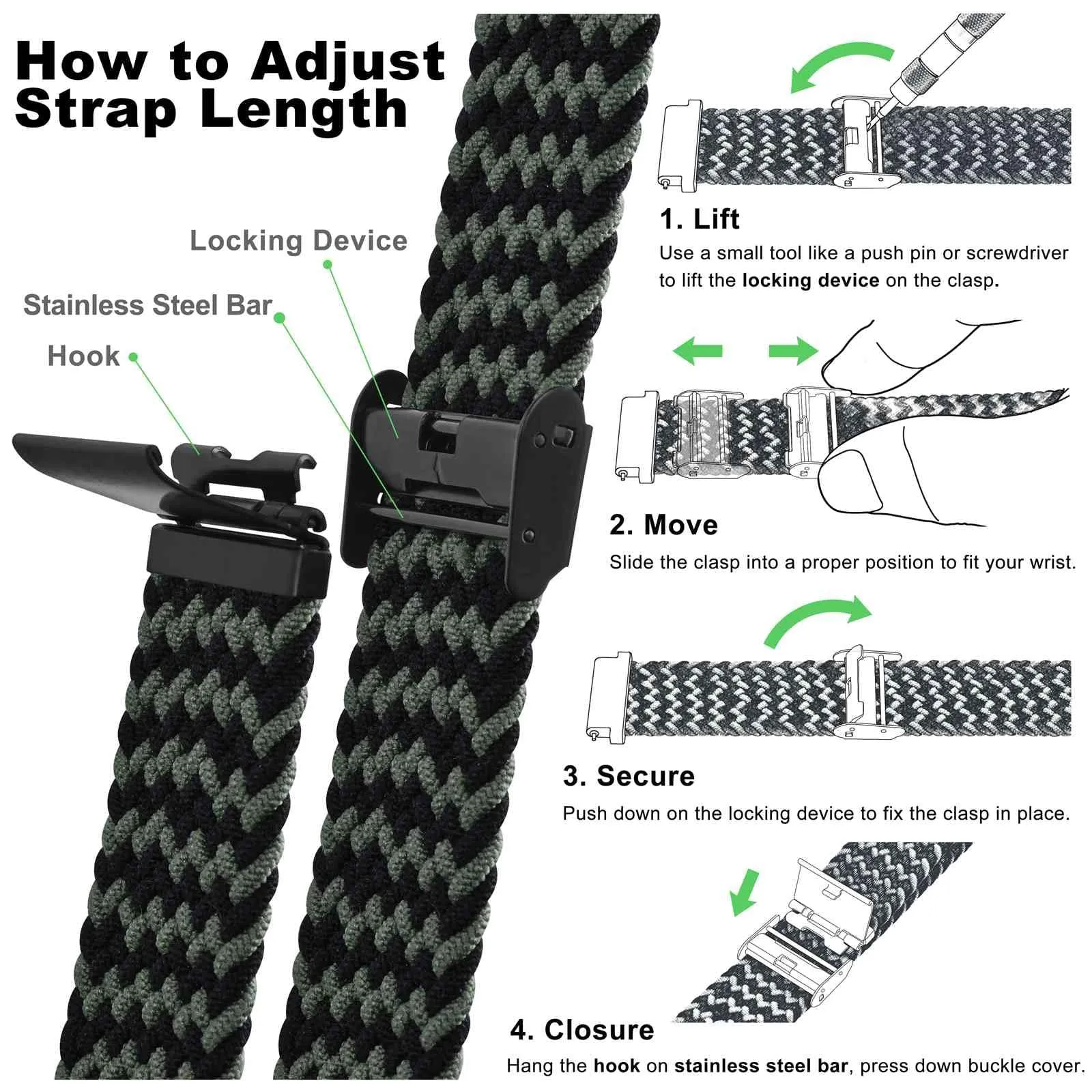 WOCCI 21mm Intrecciato Nylon Cinturino per Orologio da Uomo e da Donna, Regolabile Fibbia Nera (Verde Nero) - immagine 5