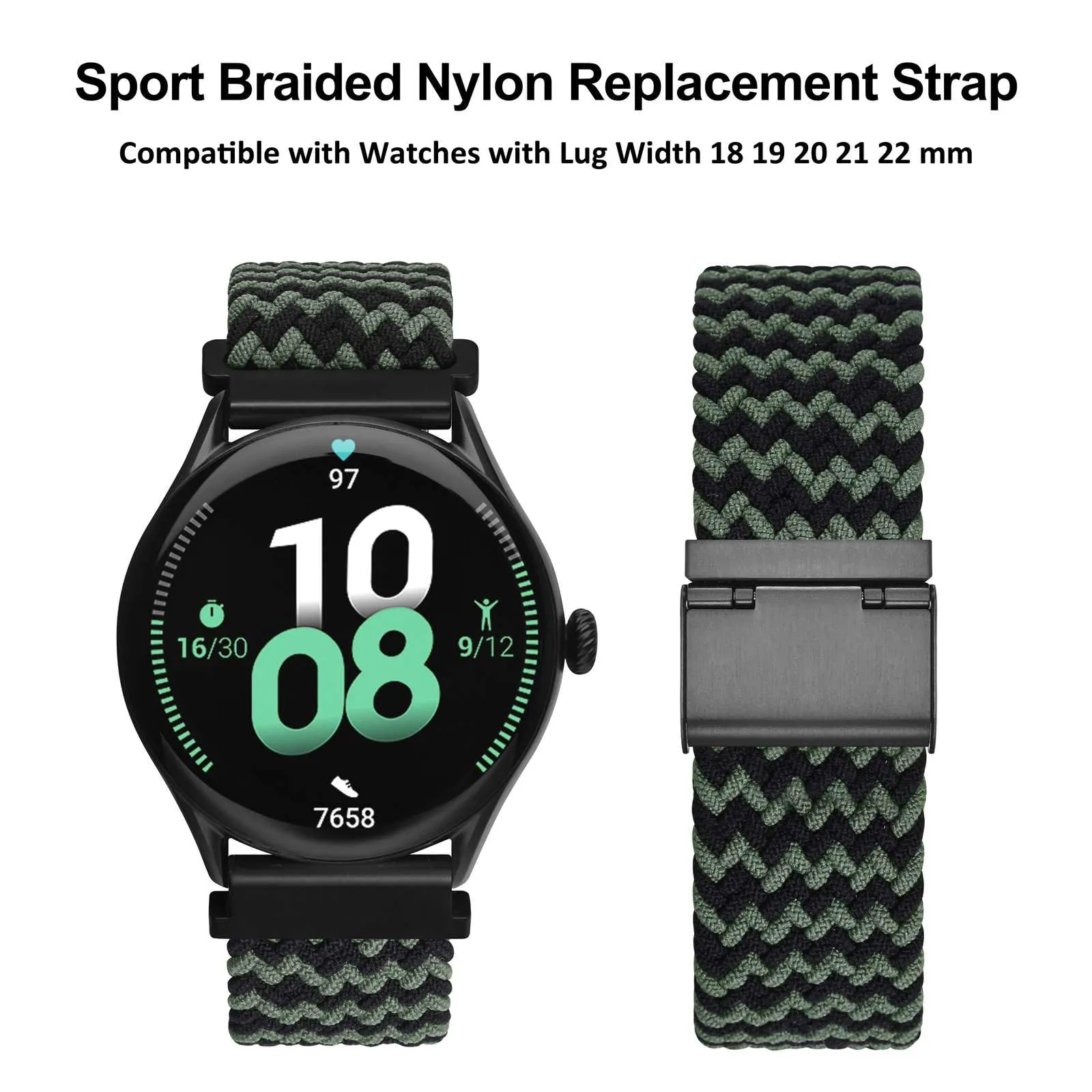 WOCCI 21mm Intrecciato Nylon Cinturino per Orologio da Uomo e da Donna, Regolabile Fibbia Nera (Verde Nero) - immagine 9