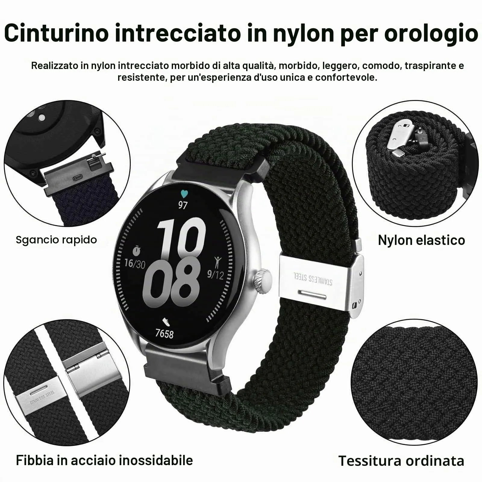 WOCCI 20mm Intrecciato Nylon Cinturino per Orologio da Uomo e da Donna, Regolabile Fibbia Argento (Nero) - immagine 3