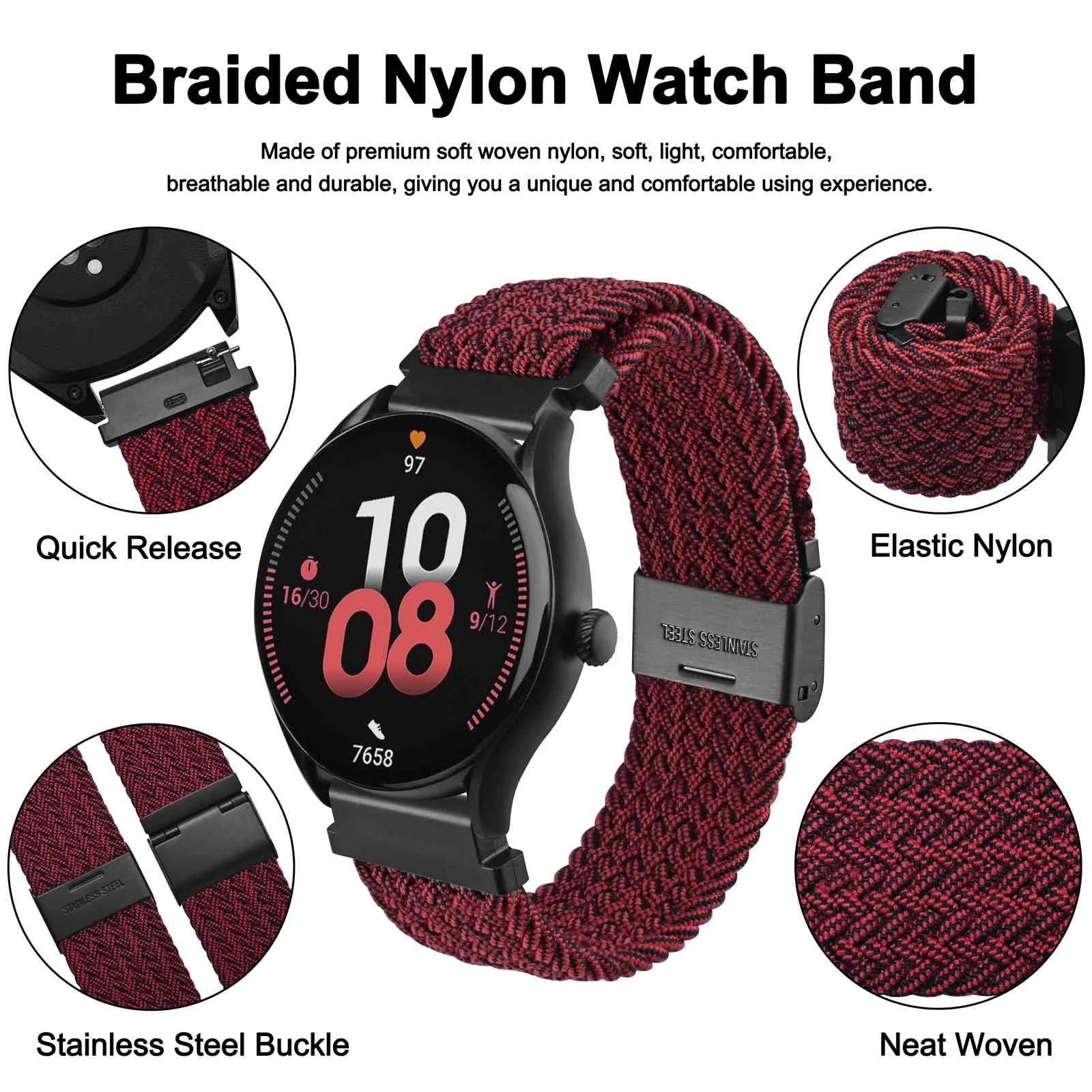 WOCCI 20mm Intrecciato Nylon Cinturino per Orologio da Uomo e da Donna, Regolabile Fibbia Nera (Rosso Nero) - immagine 3