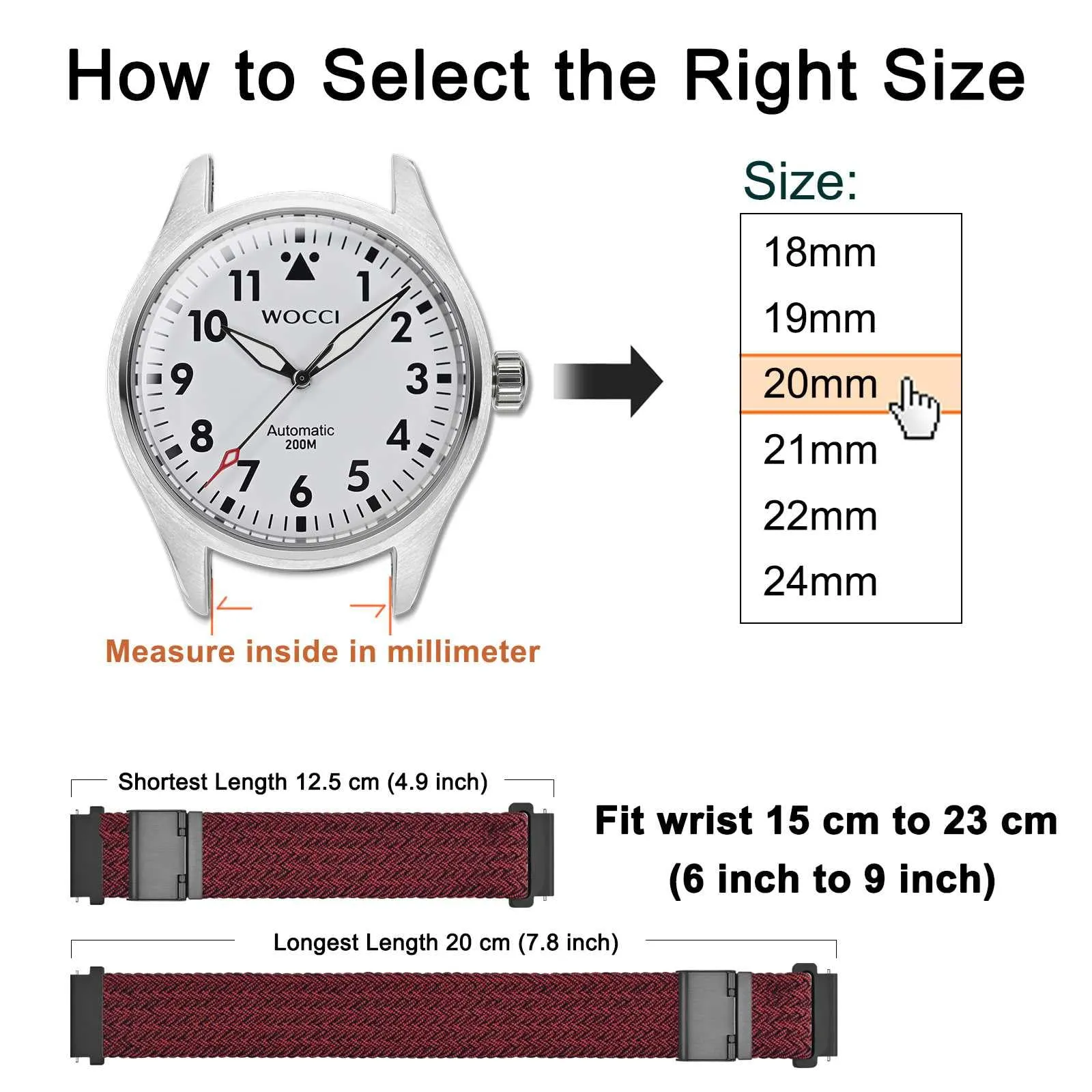 WOCCI 20mm Intrecciato Nylon Cinturino per Orologio da Uomo e da Donna, Regolabile Fibbia Nera (Rosso Nero) - immagine 4