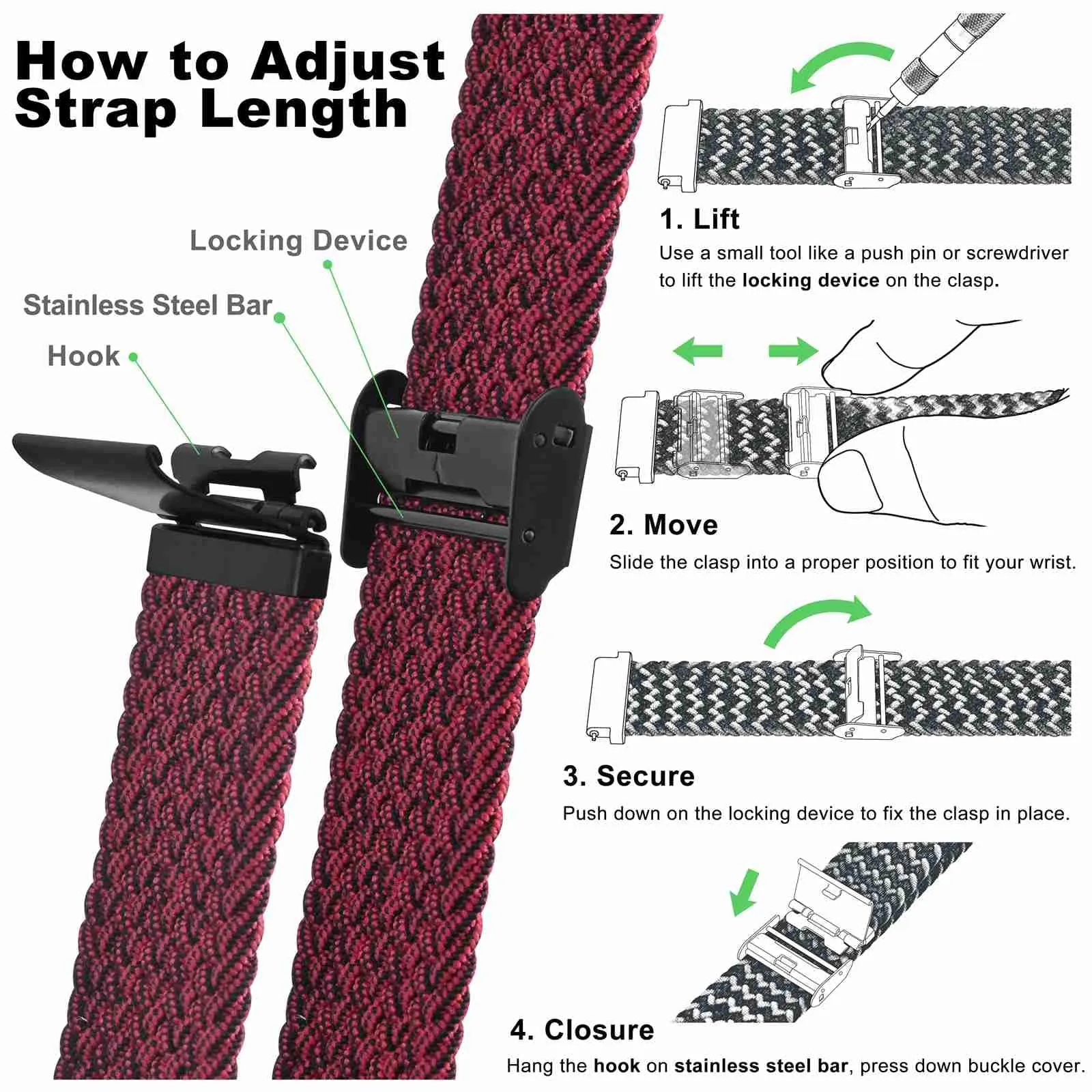 WOCCI 20mm Intrecciato Nylon Cinturino per Orologio da Uomo e da Donna, Regolabile Fibbia Nera (Rosso Nero) - immagine 5