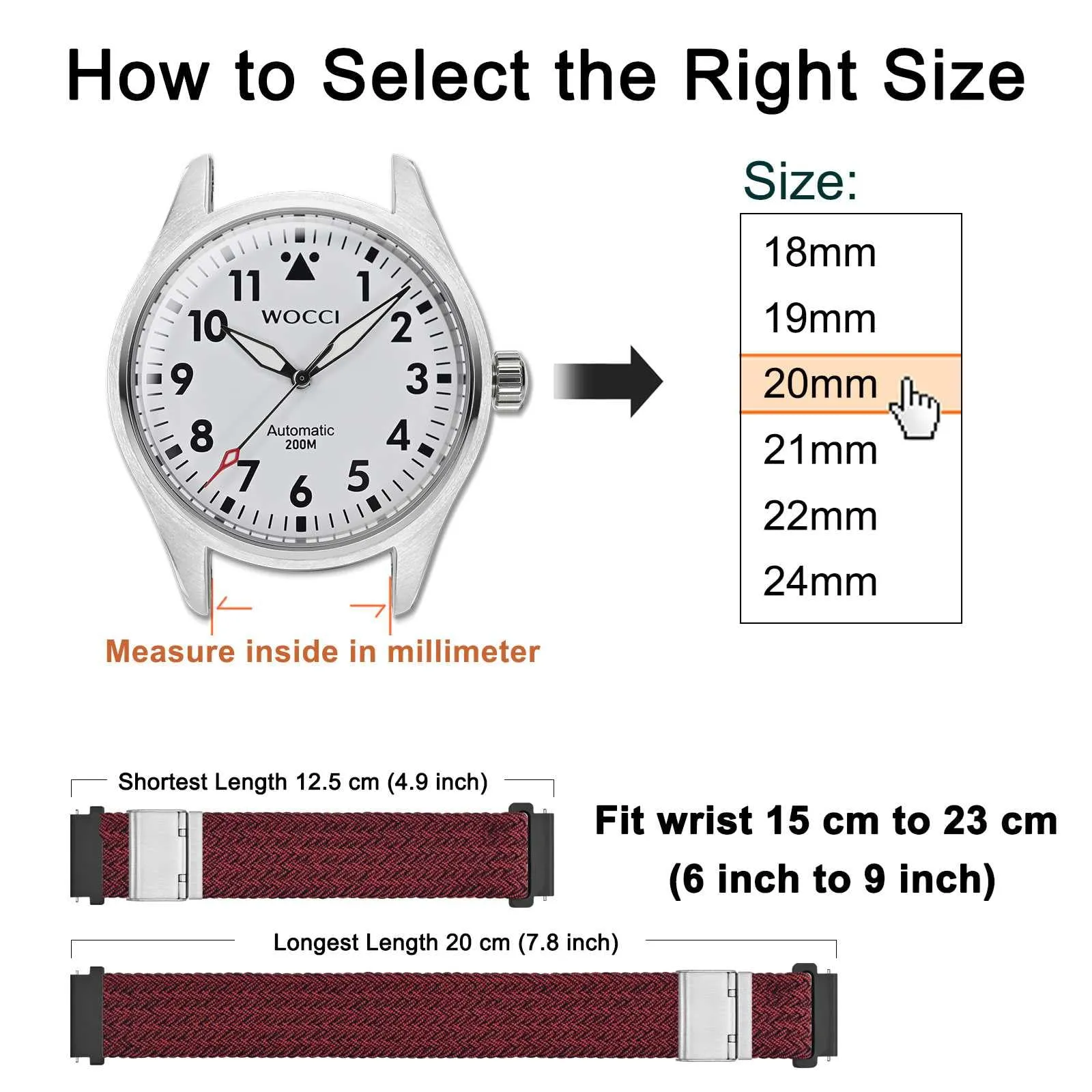 WOCCI 18mm Intrecciato Nylon Cinturino per Orologio da Uomo e da Donna, Regolabile Fibbia Argento (Rosso Nero) - immagine 4