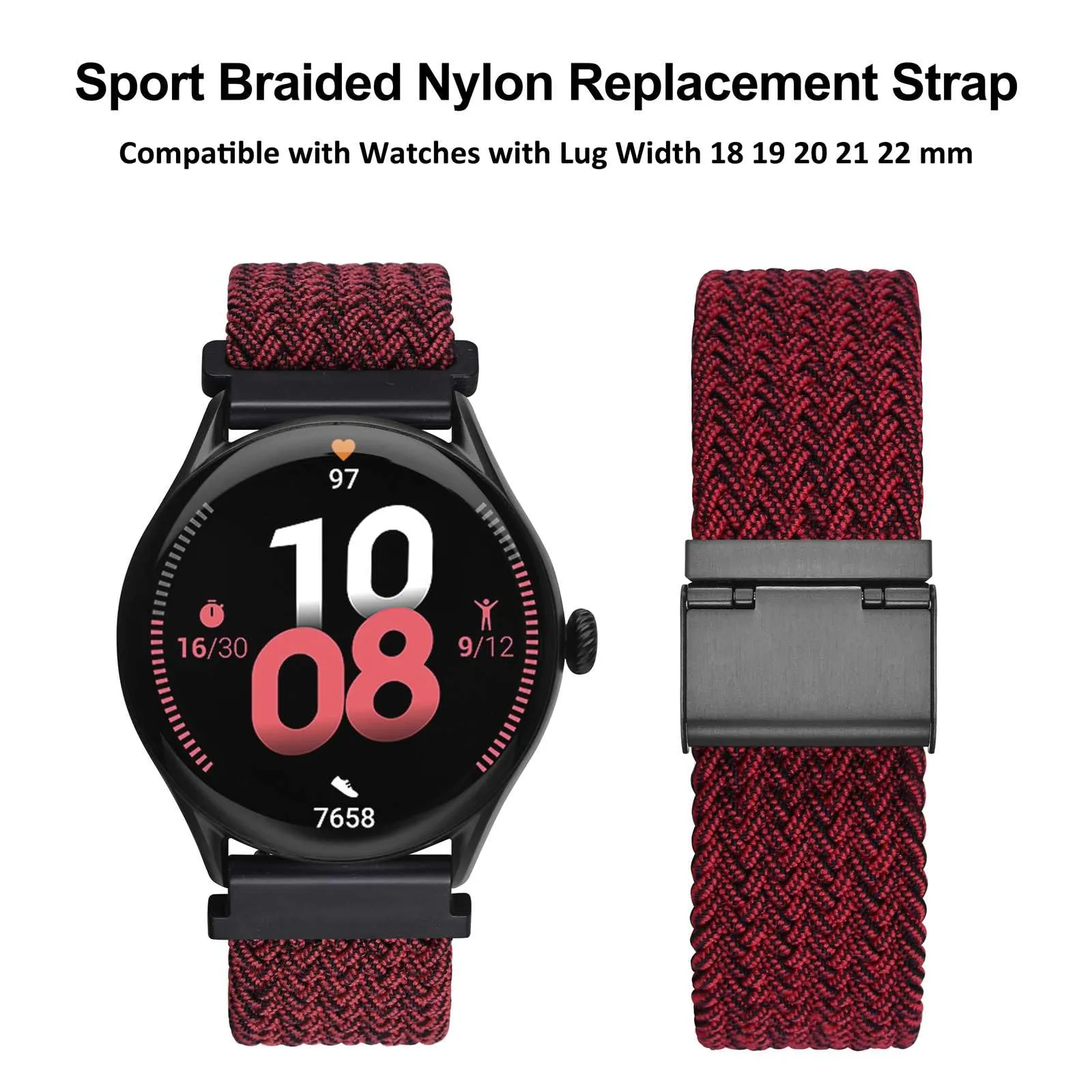 WOCCI 18mm Intrecciato Nylon Cinturino per Orologio da Uomo e da Donna, Regolabile Fibbia Nera (Rosso Nero) - immagine 9