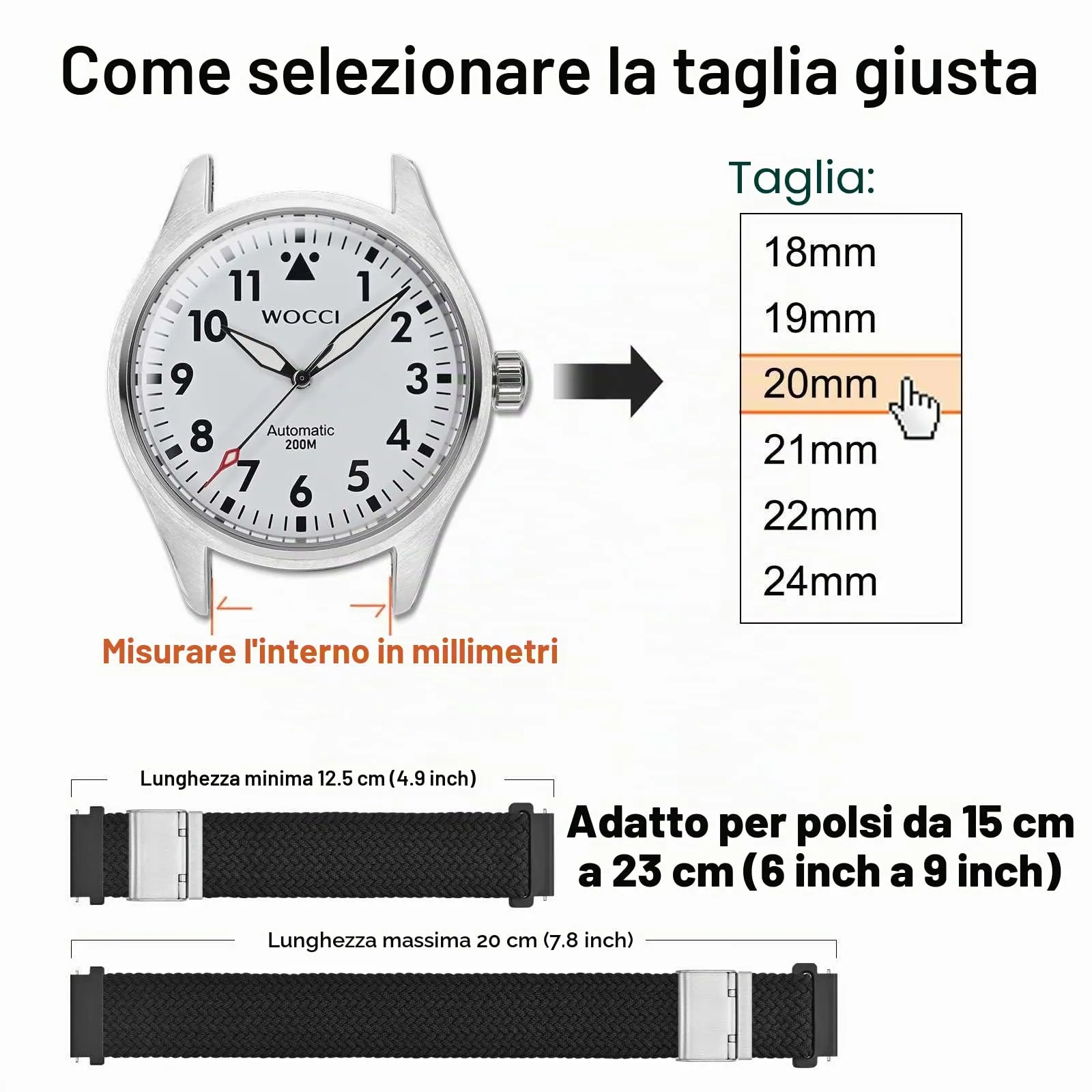 WOCCI 18mm Intrecciato Nylon Cinturino per Orologio da Uomo e da Donna, Regolabile Fibbia Argento (Nero) - immagine 4