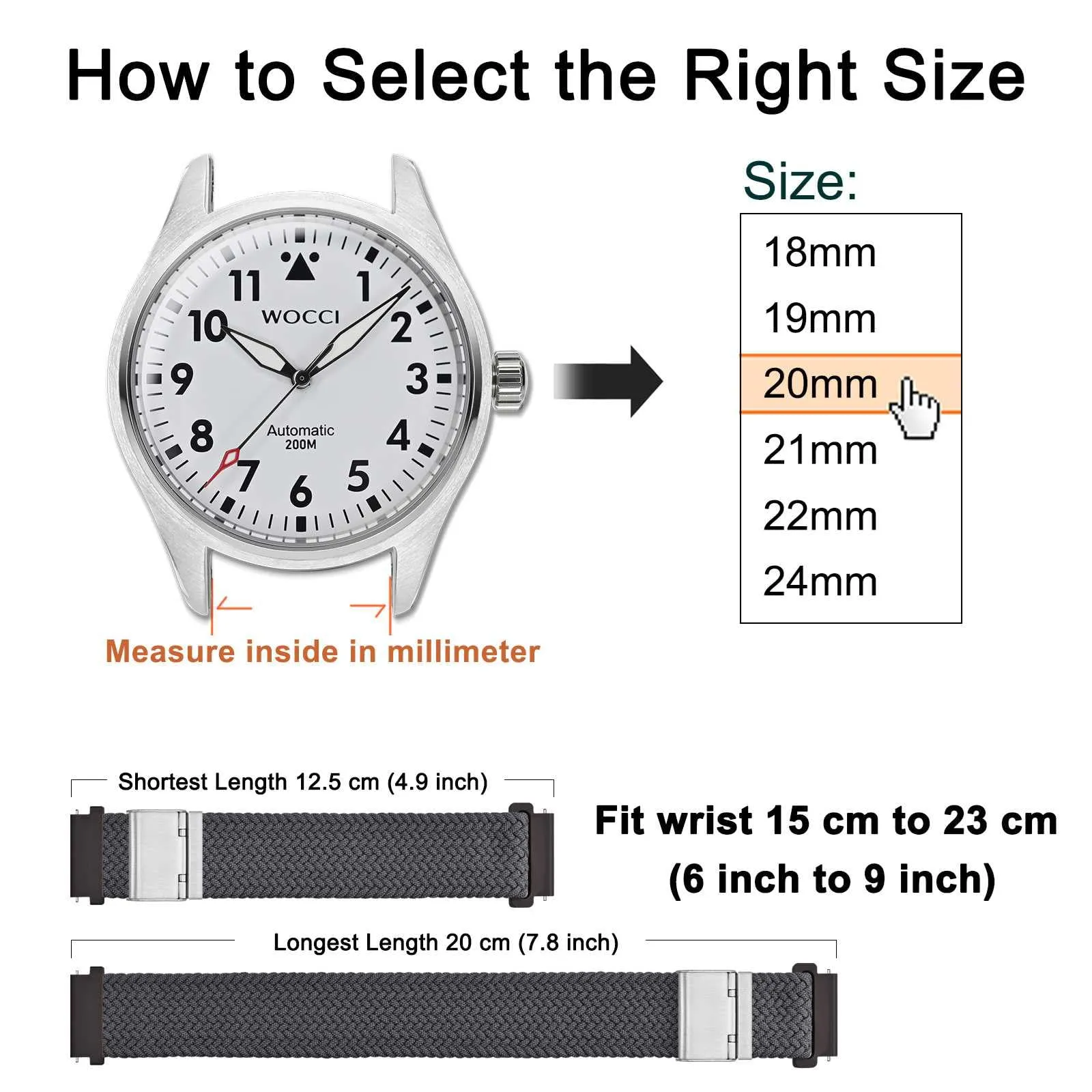 WOCCI 18mm Intrecciato Nylon Cinturino per Orologio da Uomo e da Donna, Regolabile Fibbia Argento (Grigio) - immagine 4