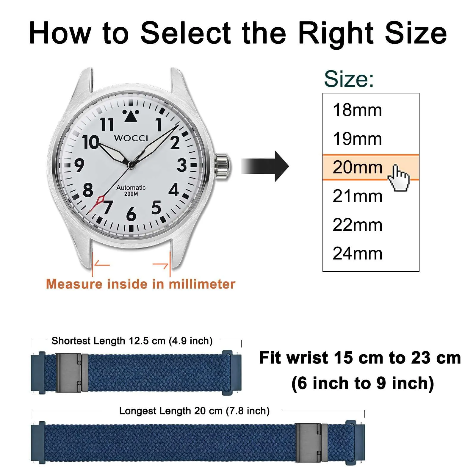 WOCCI 21mm Intrecciato Nylon Cinturino per Orologio da Uomo e da Donna, Regolabile Fibbia Nera (Blu) - immagine 4