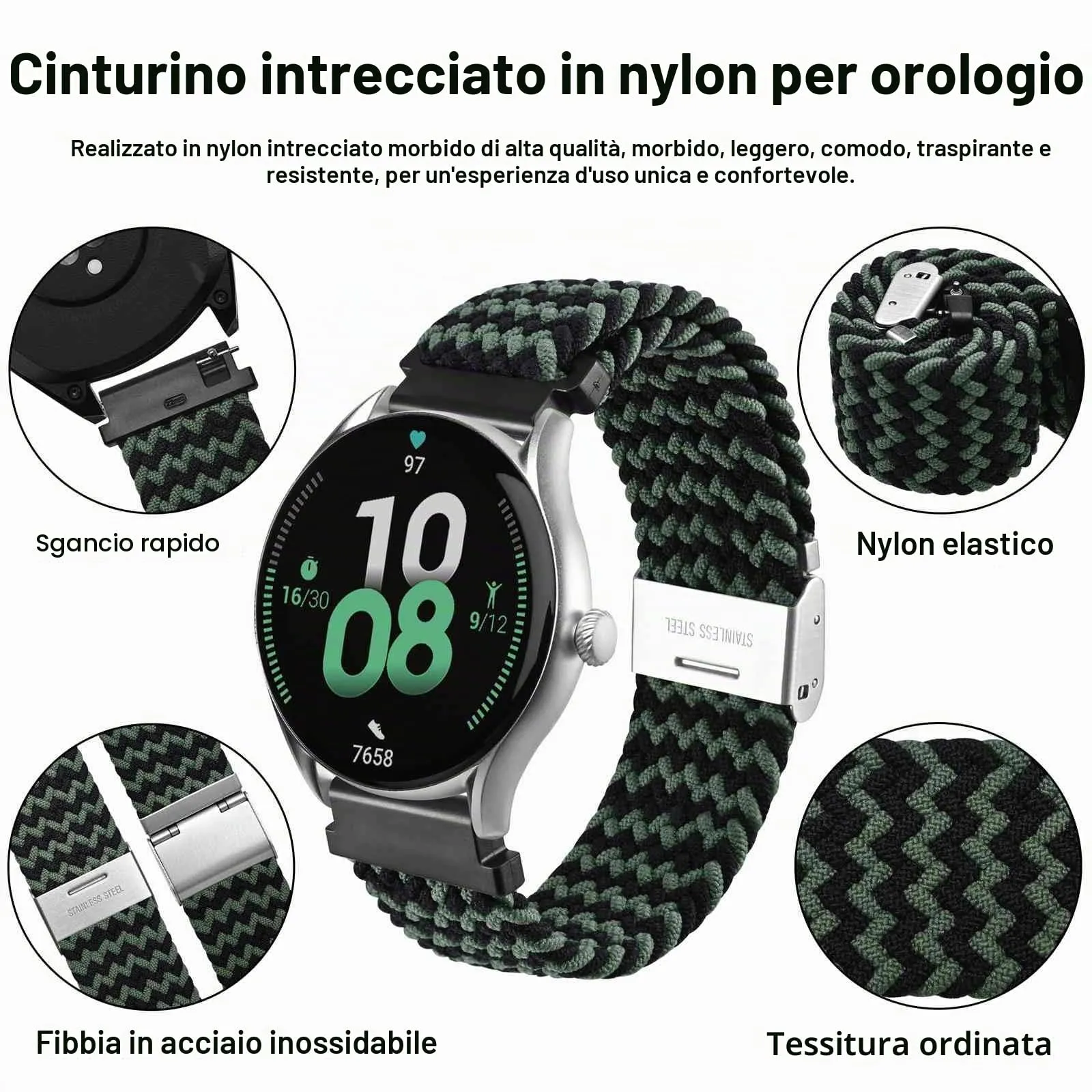WOCCI 20mm Intrecciato Nylon Cinturino per Orologio da Uomo e da Donna, Regolabile Fibbia Argento (Verde Nero) - immagine 3
