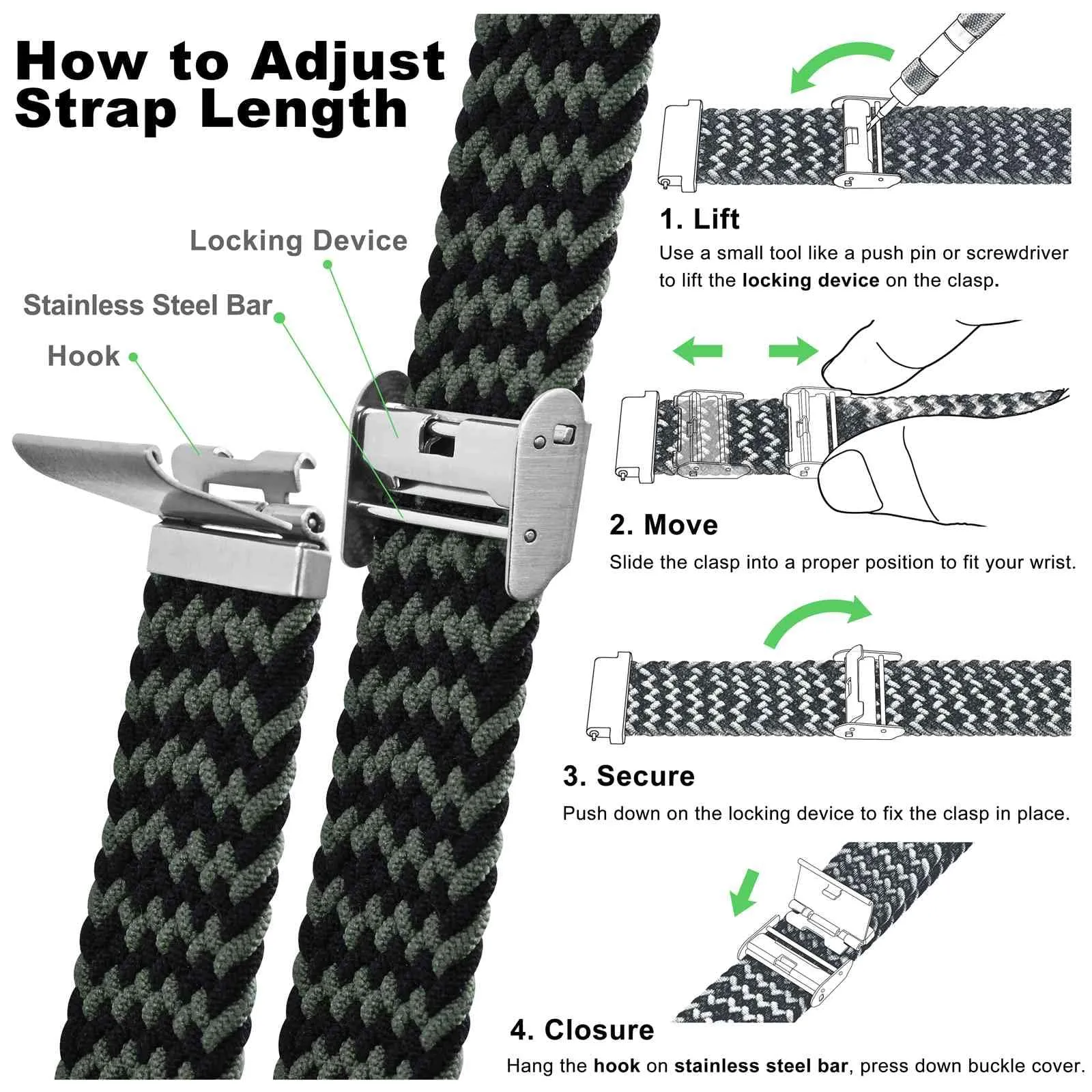 WOCCI 20mm Intrecciato Nylon Cinturino per Orologio da Uomo e da Donna, Regolabile Fibbia Argento (Verde Nero) - immagine 5