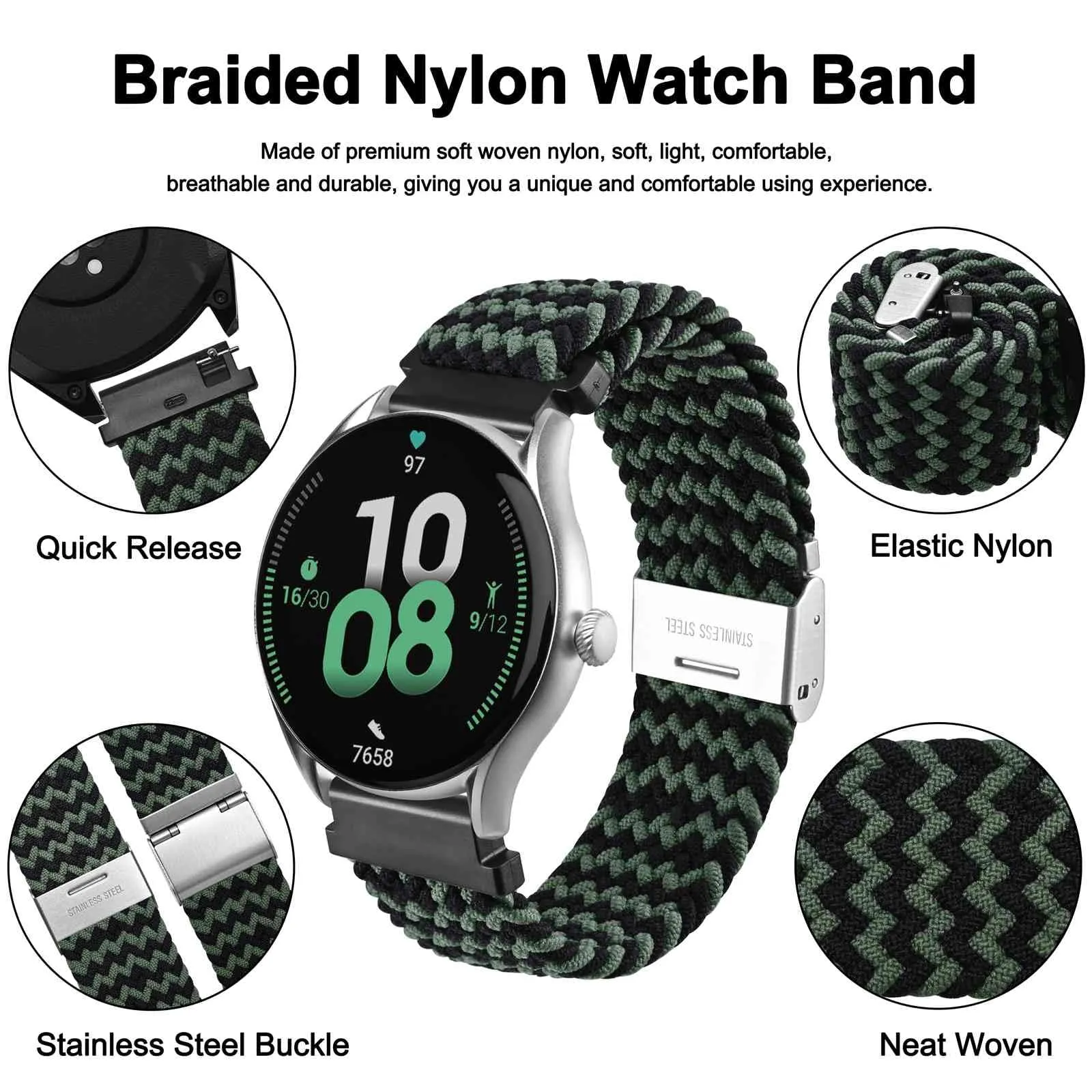 WOCCI 19mm Intrecciato Nylon Cinturino per Orologio da Uomo e da Donna, Regolabile Fibbia Argento (Verde Nero) - immagine 3