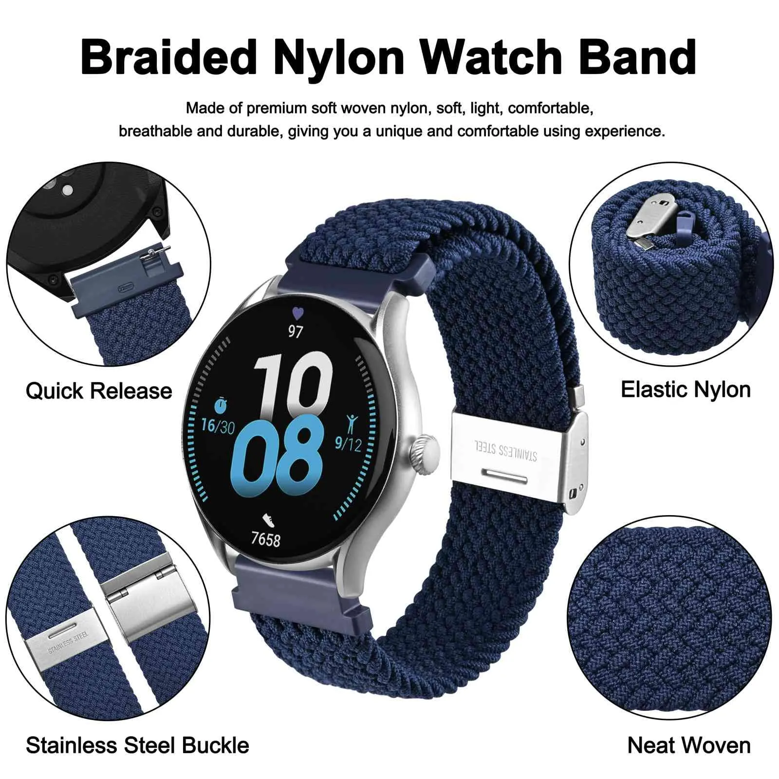 WOCCI 19mm Intrecciato Nylon Cinturino per Orologio da Uomo e da Donna, Regolabile Fibbia Argento (Blu) - immagine 3