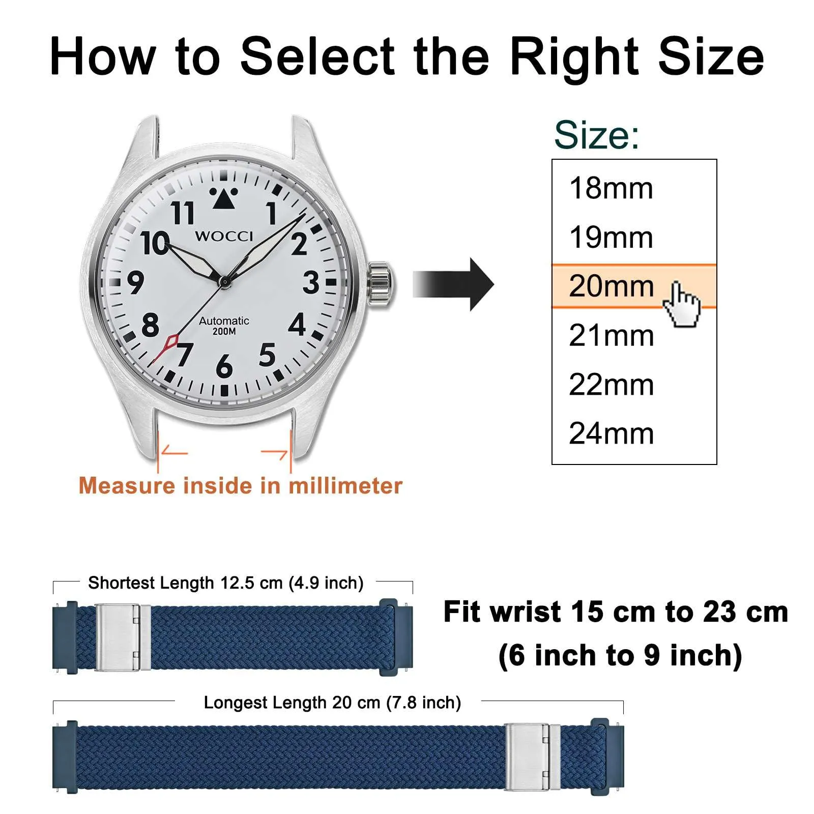 WOCCI 19mm Intrecciato Nylon Cinturino per Orologio da Uomo e da Donna, Regolabile Fibbia Argento (Blu) - immagine 4