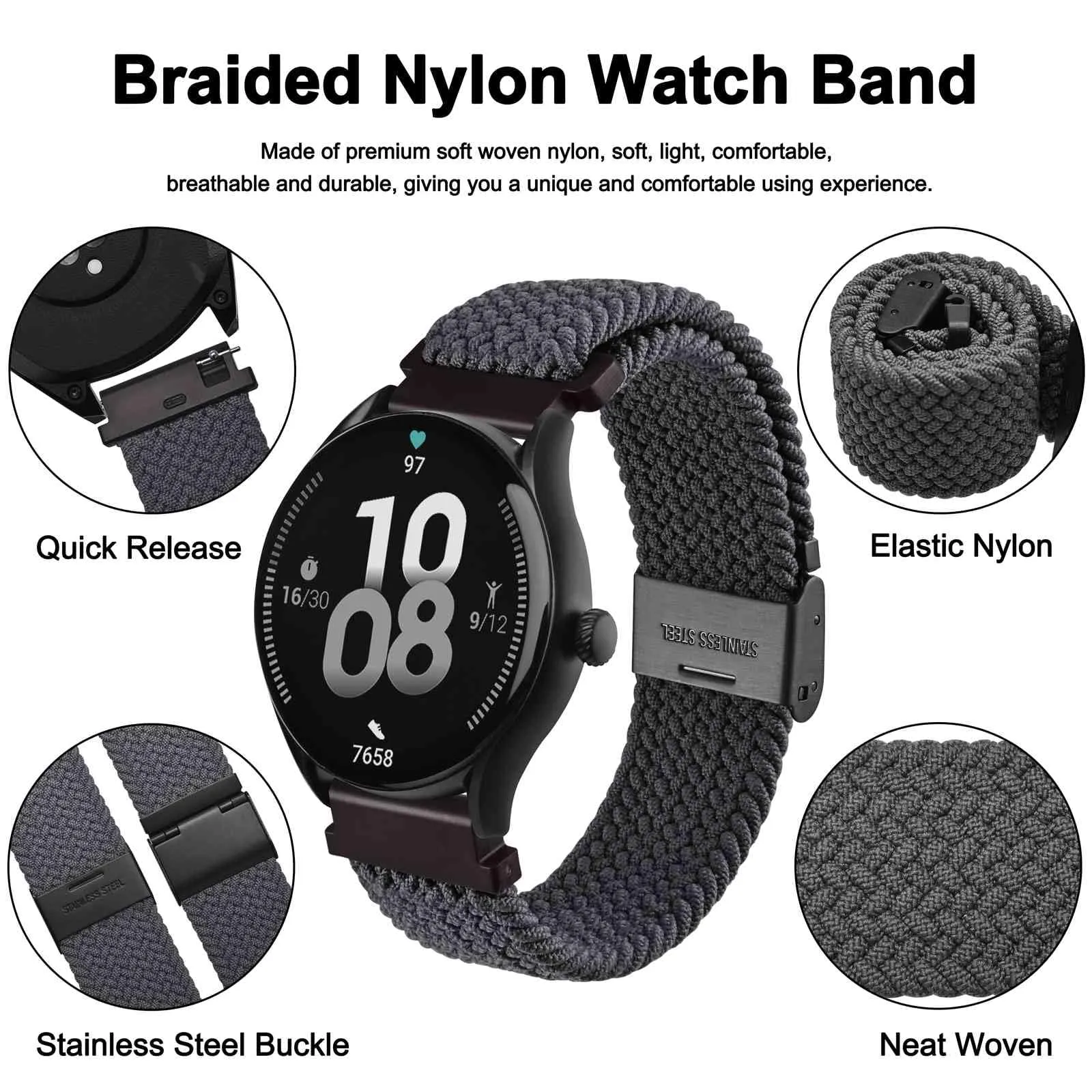 WOCCI 20mm Intrecciato Nylon Cinturino per Orologio da Uomo e da Donna, Regolabile Fibbia Nera (Grigio) - immagine 3