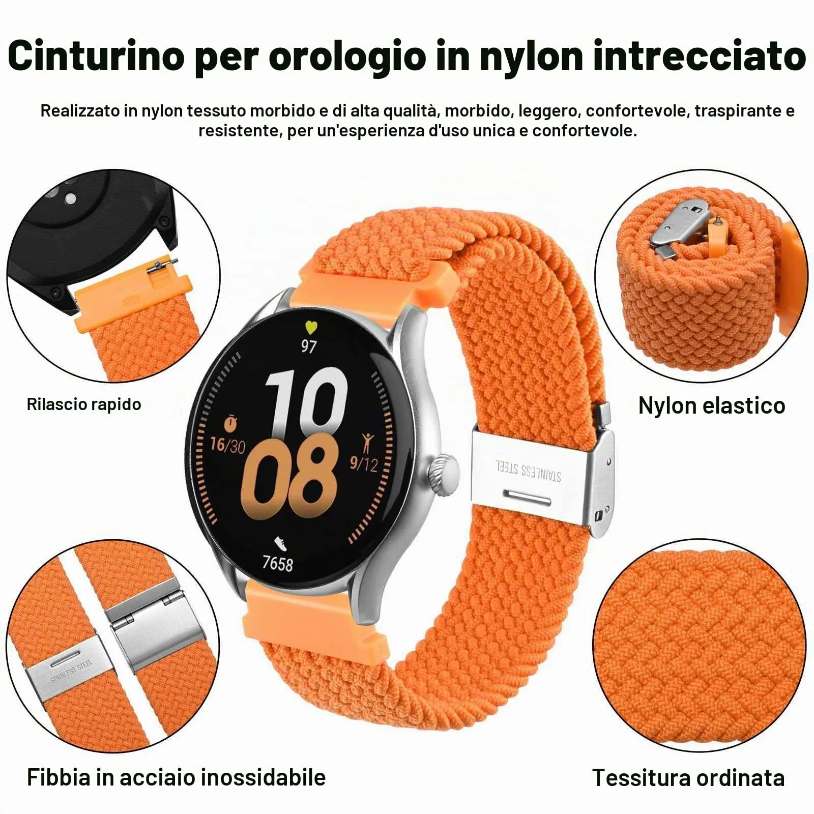 WOCCI 20mm Intrecciato Nylon Cinturino per Orologio da Uomo e da Donna, Regolabile Fibbia Argento (Arancia) - immagine 3