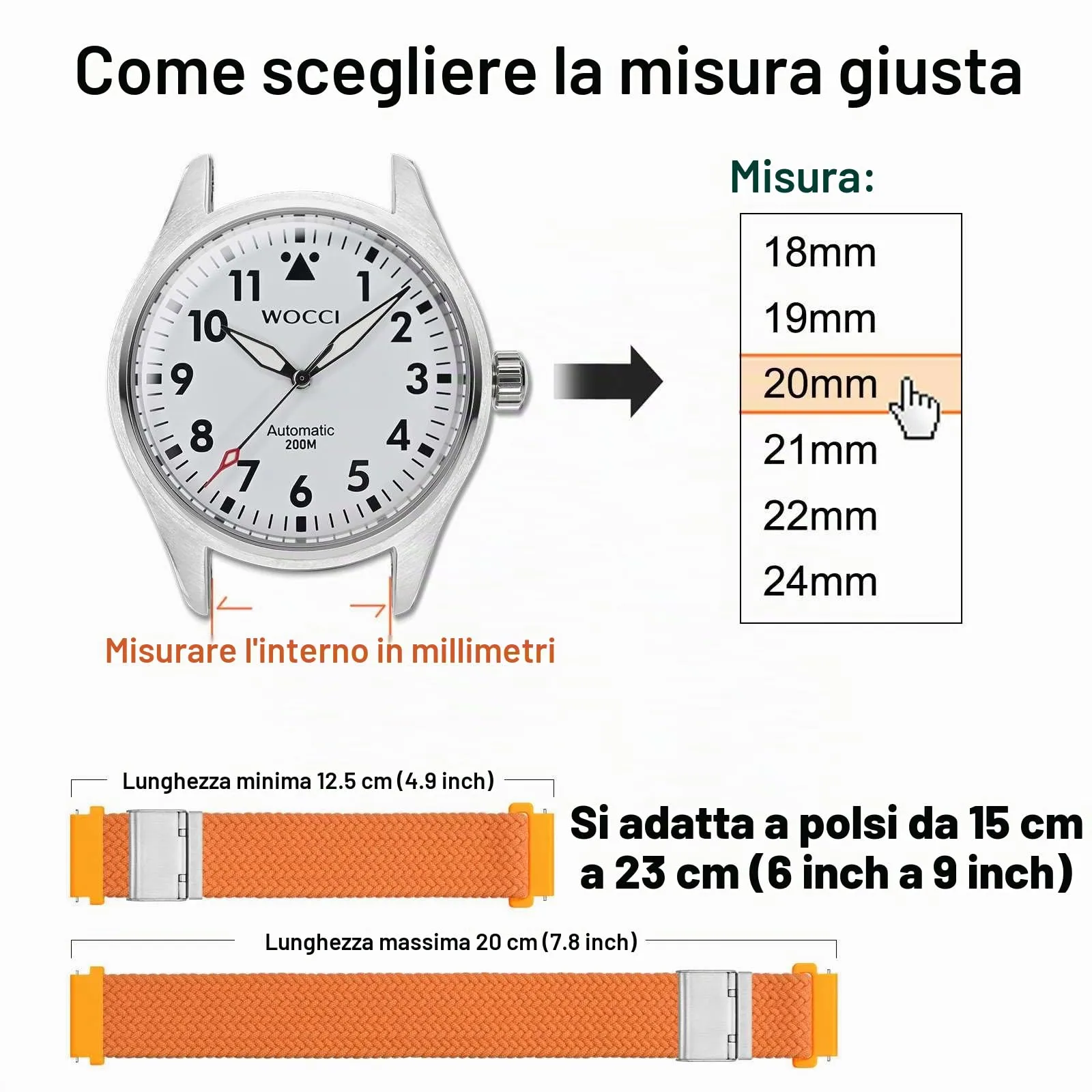 WOCCI 20mm Intrecciato Nylon Cinturino per Orologio da Uomo e da Donna, Regolabile Fibbia Argento (Arancia) - immagine 4