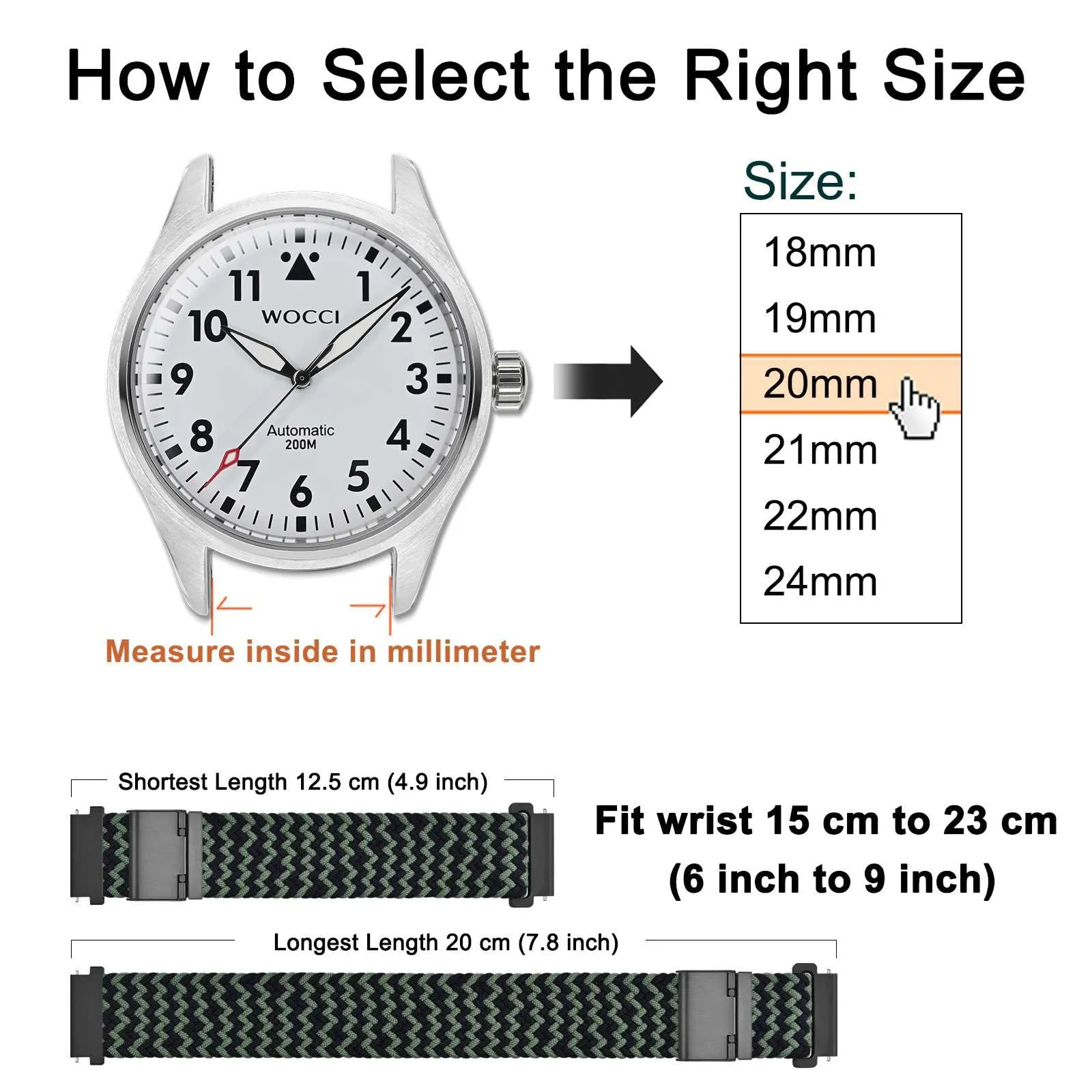 WOCCI 19mm Intrecciato Nylon Cinturino per Orologio da Uomo e da Donna, Regolabile Fibbia Nera (Verde Nero) - immagine 4