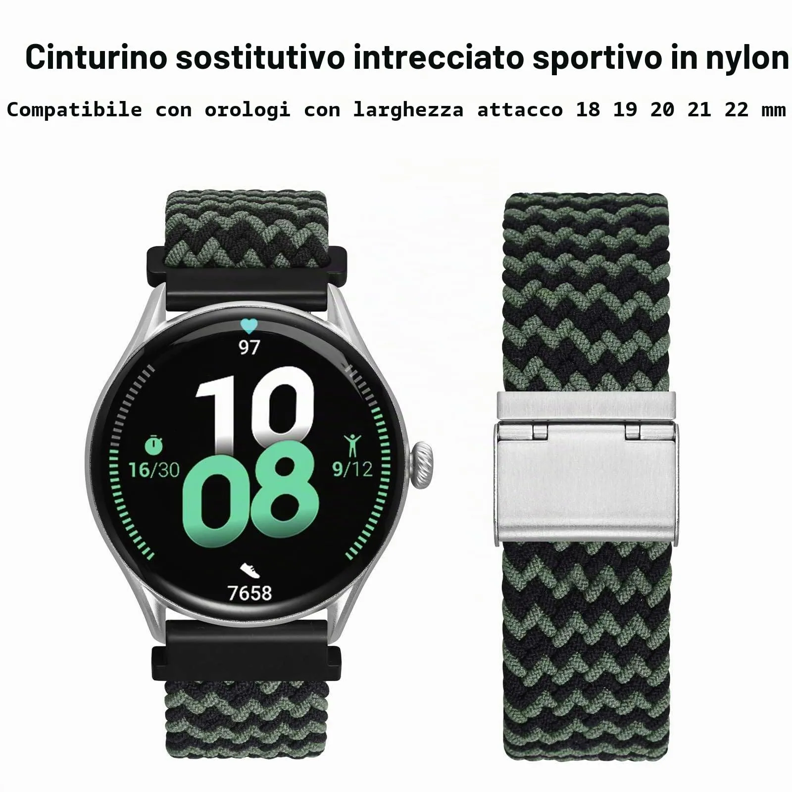 WOCCI 22mm Intrecciato Nylon Cinturino per Orologio da Uomo e da Donna, Regolabile Fibbia Argento (Verde Nero) - immagine 9