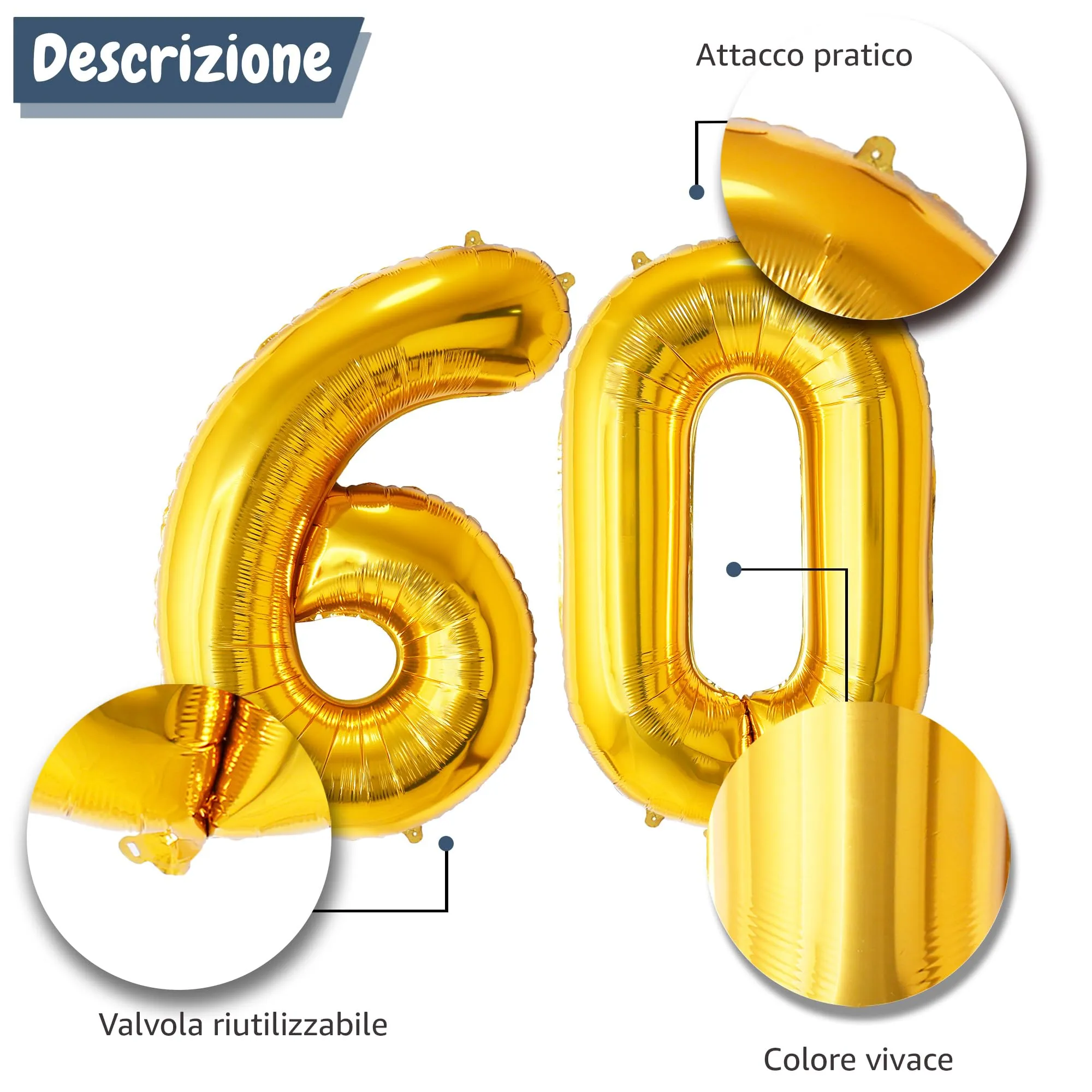 FUNFEST Palloncini 60° Compleanno Oro Giganti 100cm - immagine 6
