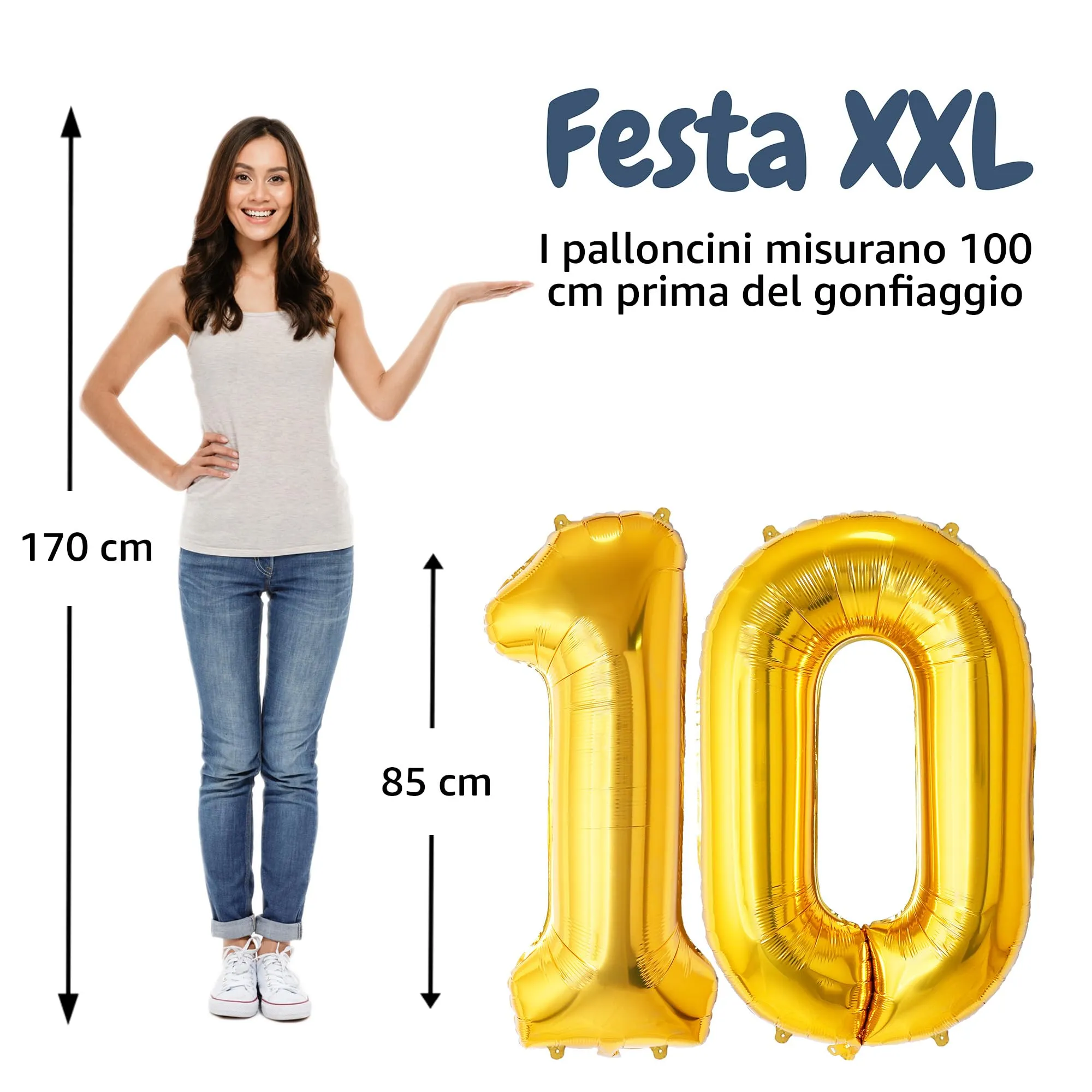 FUNFEST Palloncini 10° Compleanno Oro – Numeri 1 e 0 Giganti (100cm) - immagine 2