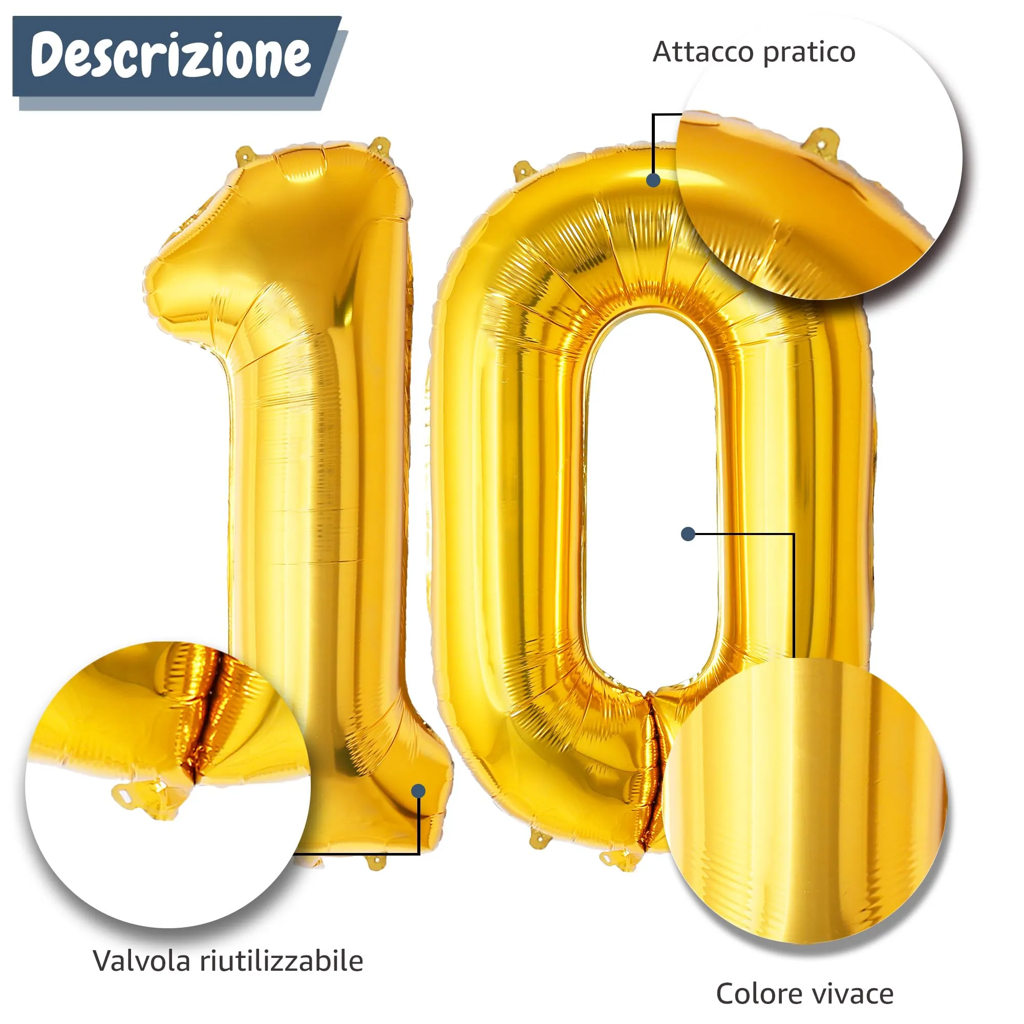 FUNFEST Palloncini 10° Compleanno Oro – Numeri 1 e 0 Giganti (100cm) - immagine 6