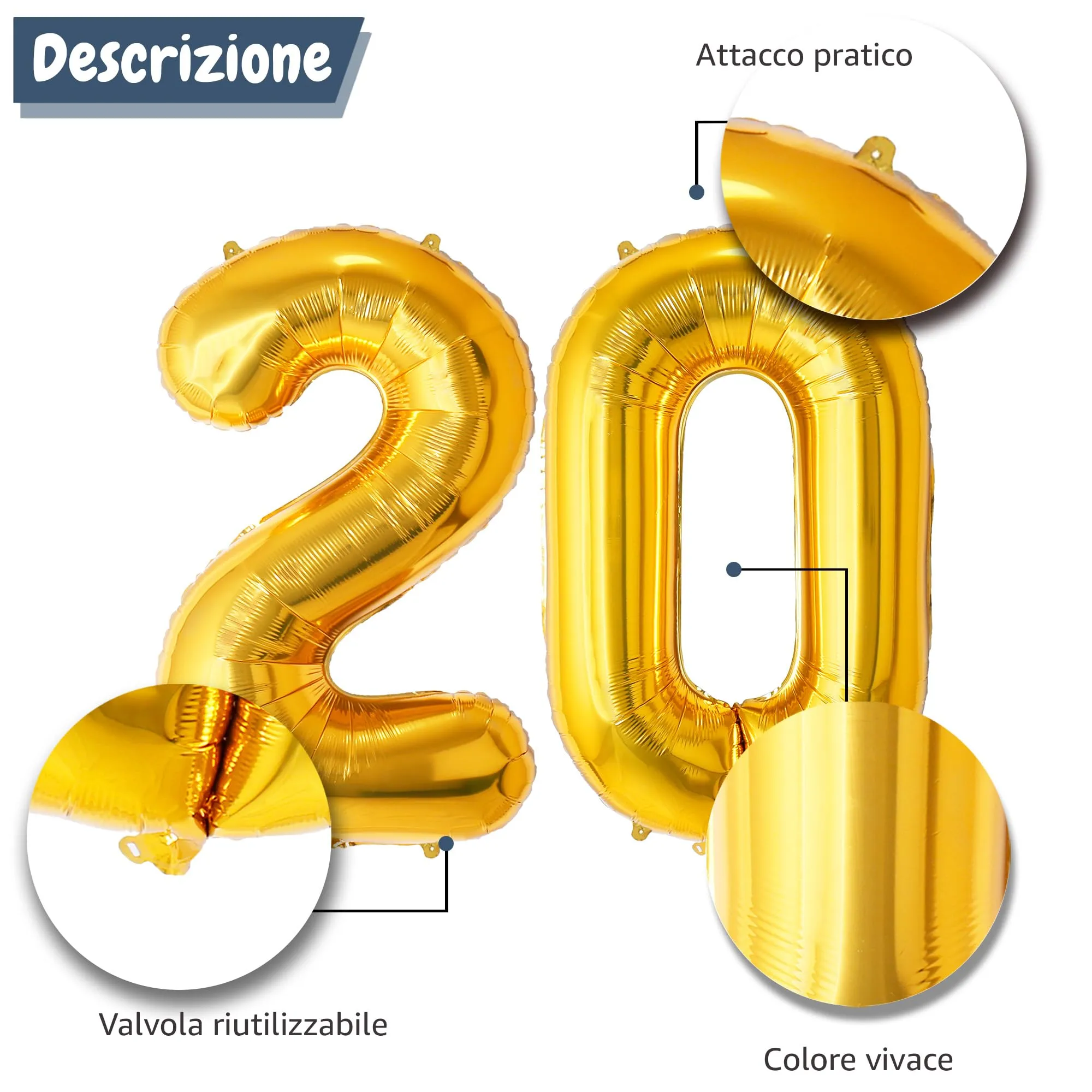 FUNFEST Palloncini 20° Compleanno Oro – Gigante 100cm - immagine 6