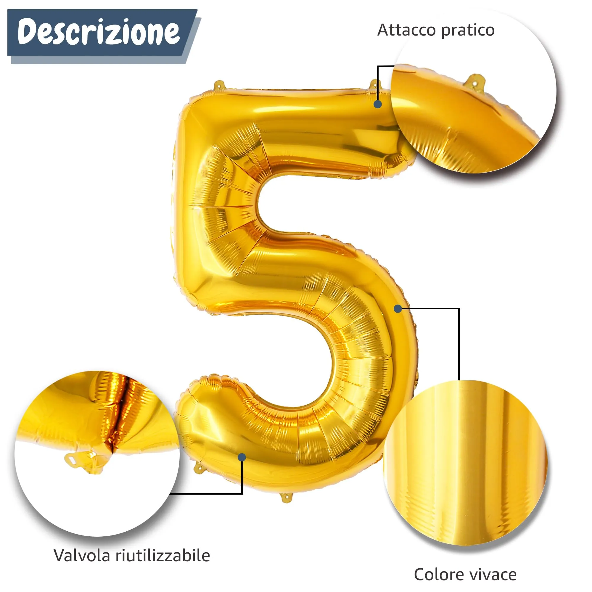 FUNFEST Palloncino Numero 5 Oro Gigante 100cm - immagine 6