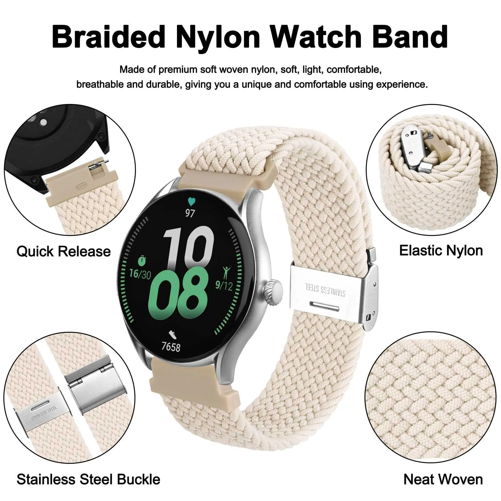 WOCCI 18mm Intrecciato Nylon Cinturino per Orologio da Uomo e da Donna, Regolabile Fibbia Argento (Galassia) - immagine 3