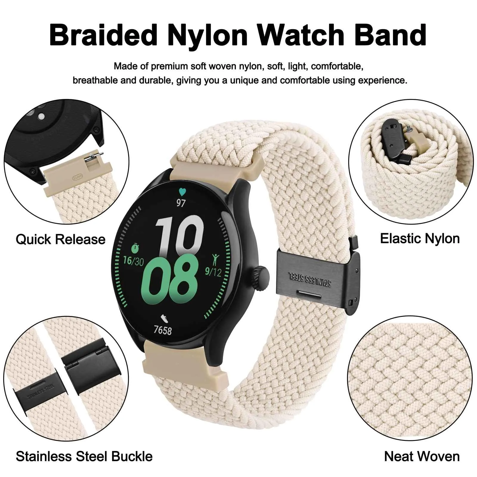 WOCCI 20mm Intrecciato Nylon Cinturino per Orologio da Uomo e da Donna, Regolabile Fibbia Nera (Galassia) - immagine 3