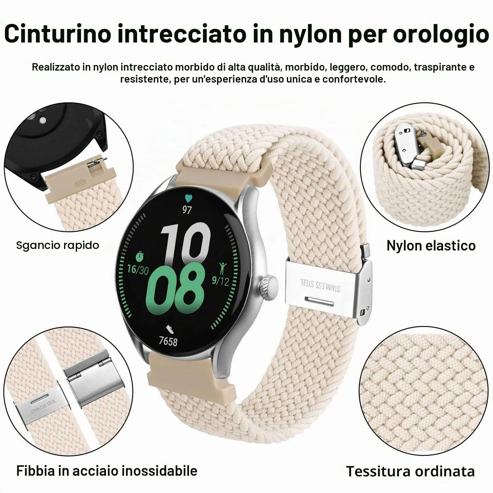 WOCCI 22mm Intrecciato Nylon Cinturino per Orologio da Uomo e da Donna, Regolabile Fibbia Argento (Galassia) - immagine 3