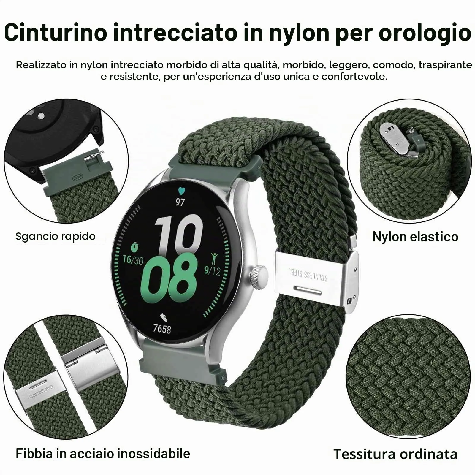 WOCCI 22mm Intrecciato Nylon Cinturino per Orologio da Uomo e da Donna, Regolabile Fibbia Argento (Verde Kaki) - immagine 3