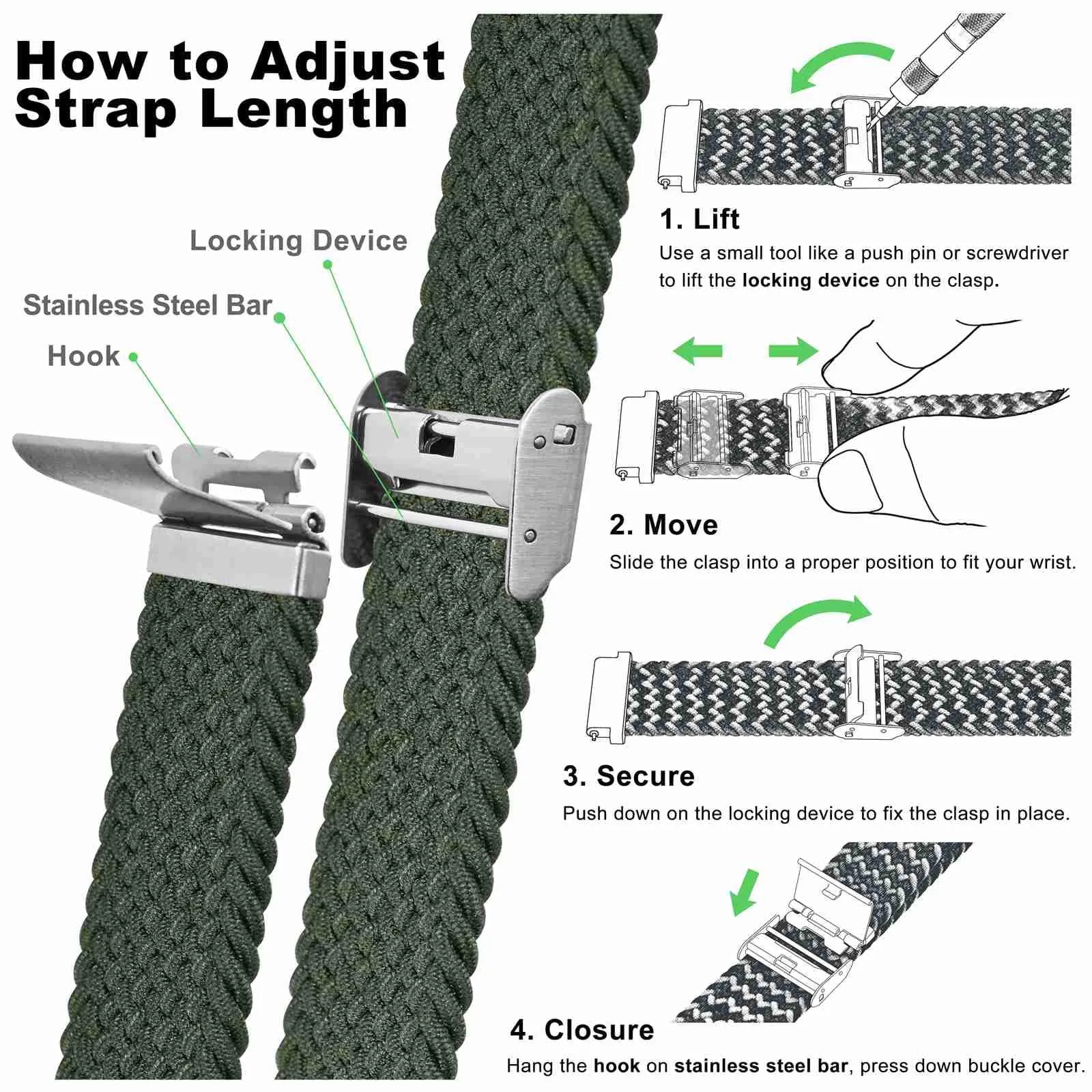 WOCCI 22mm Intrecciato Nylon Cinturino per Orologio da Uomo e da Donna, Regolabile Fibbia Argento (Verde Kaki) - immagine 5