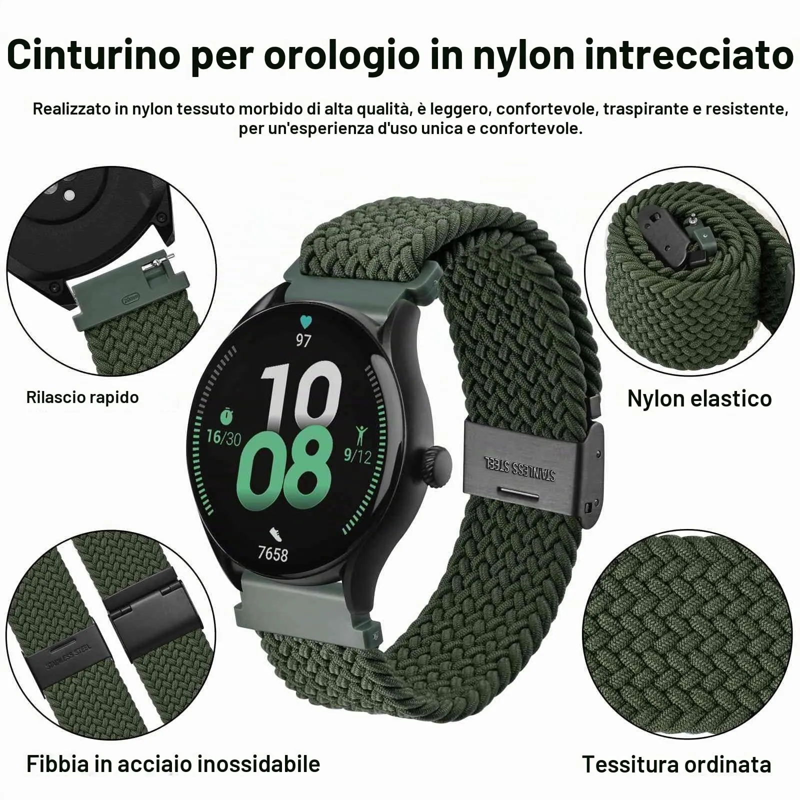 WOCCI 20mm Intrecciato Nylon Cinturino per Orologio da Uomo e da Donna, Regolabile Fibbia Nera (Verde Kaki) - immagine 3