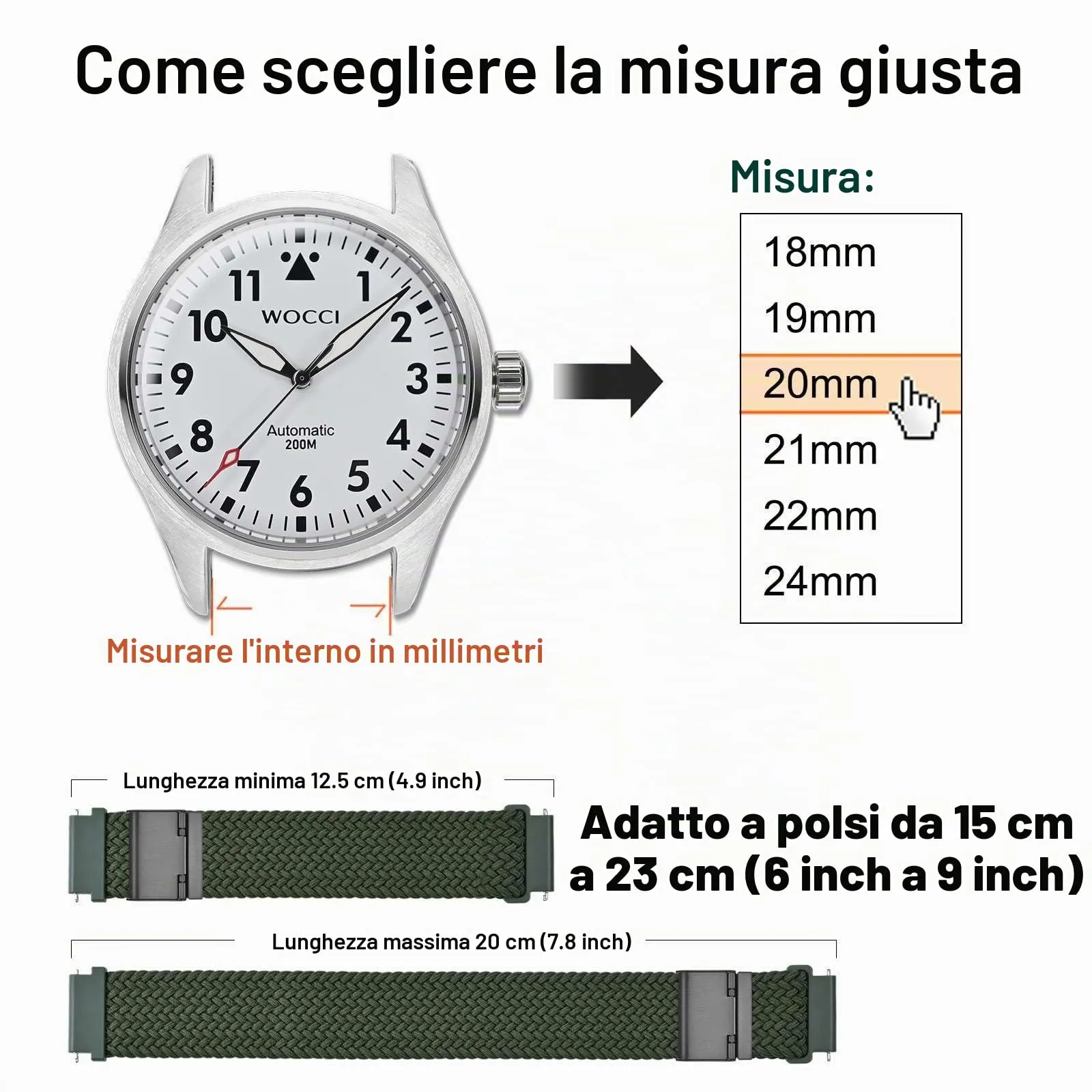 WOCCI 20mm Intrecciato Nylon Cinturino per Orologio da Uomo e da Donna, Regolabile Fibbia Nera (Verde Kaki) - immagine 4